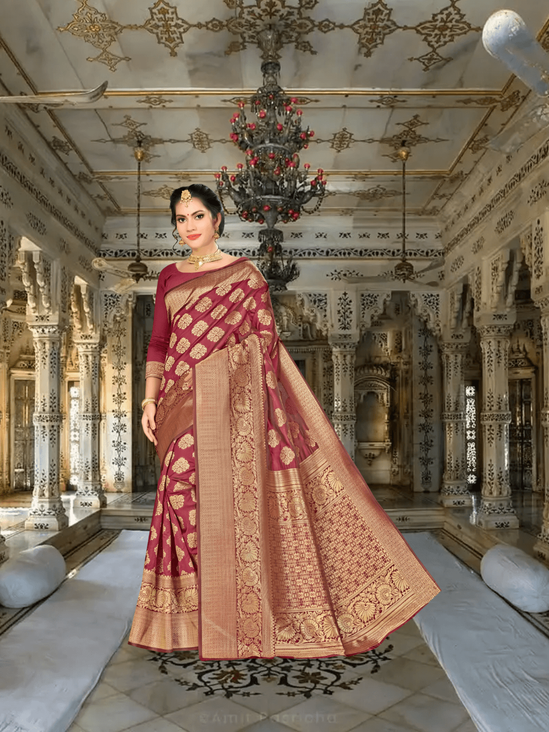 Model in maroon Banarasi silk saree with golden motifs standing in palace room