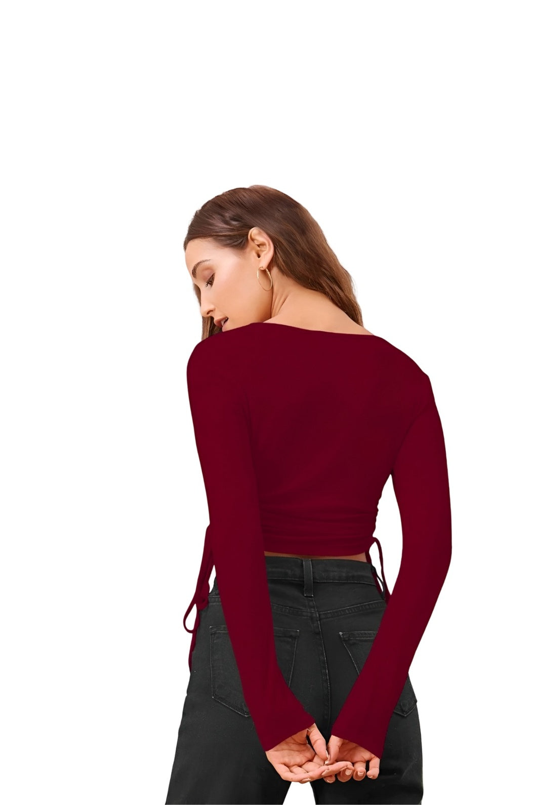 Studio back view of stretchable maroon top