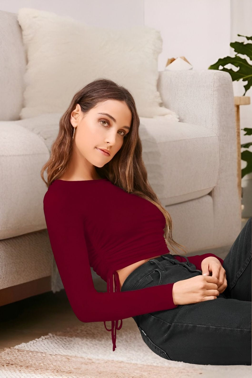 Left angle of full sleeve maroon women’s top in royal room