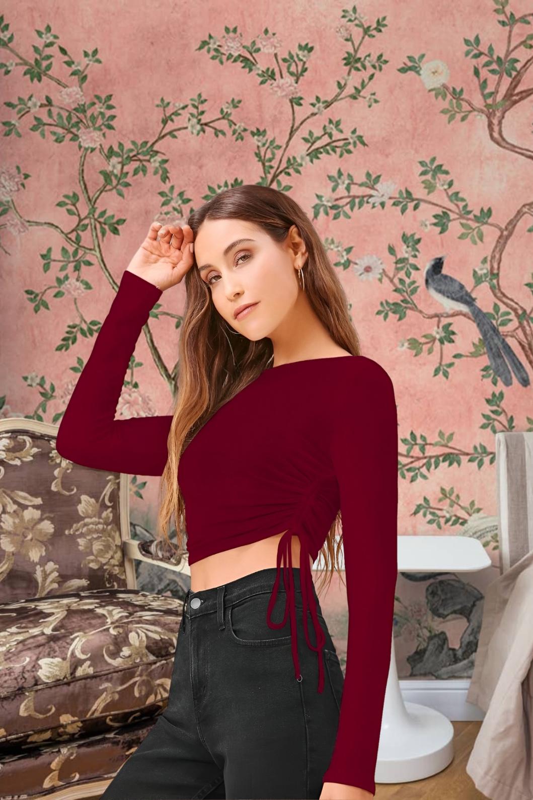 Right profile view of maroon CELESTINA round neck top