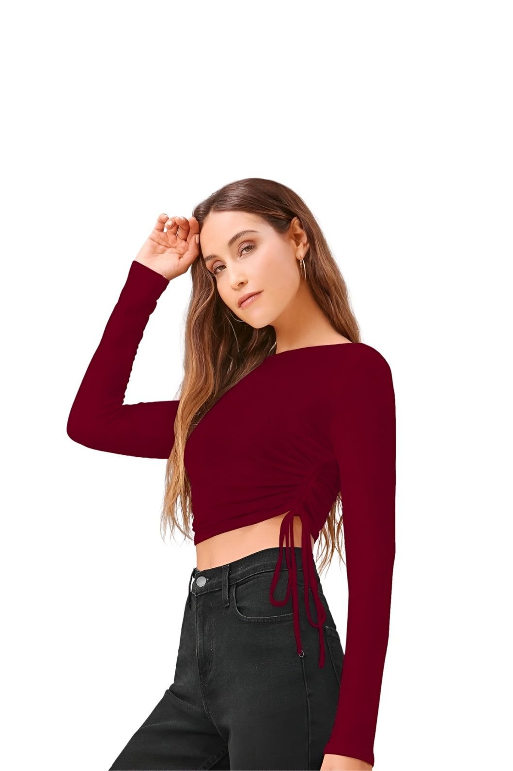 Right angle image of maroon full sleeve polyester top