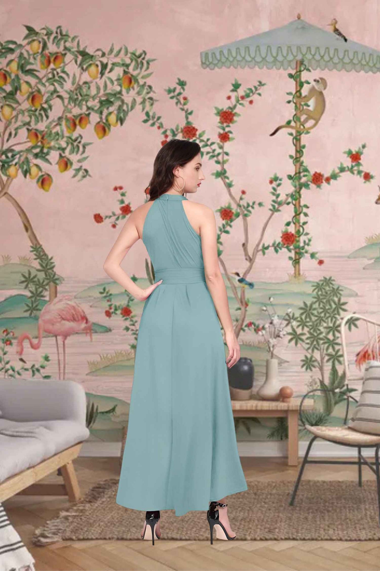 Rear angle showing the hem’s liquid descent