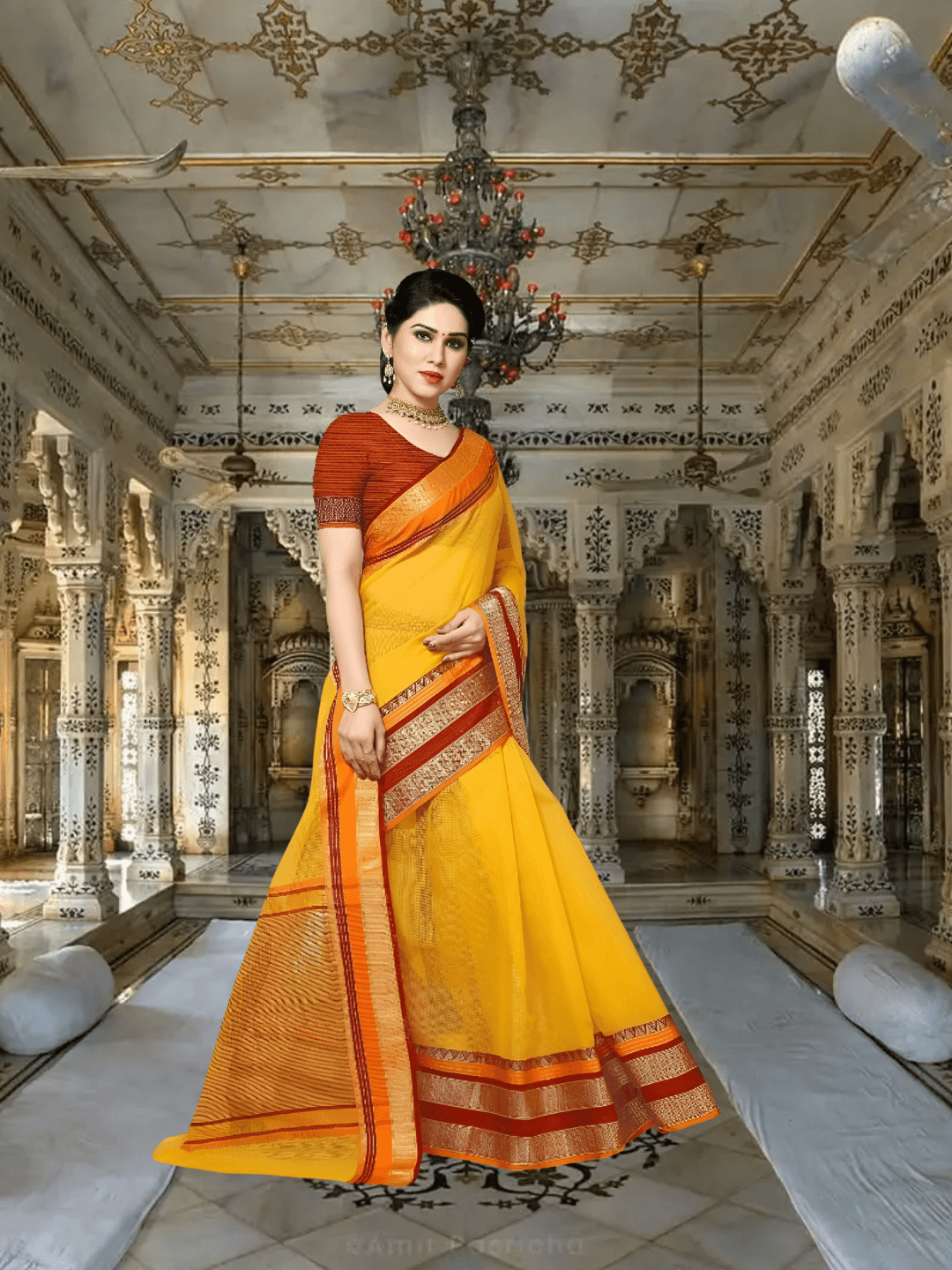 Flowing pallu in mid-air, traditional setting, warmth and motion captured