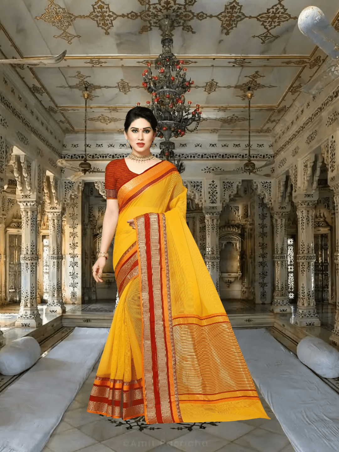 Model in palace doorway, saree catching afternoon glow, red border reflecting light