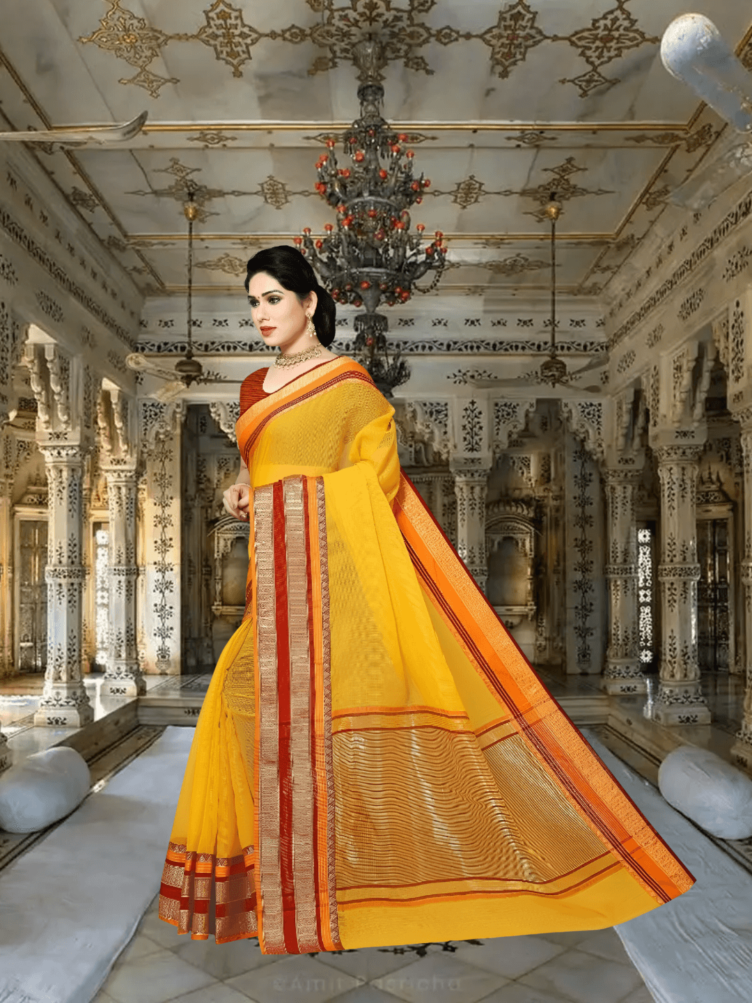 Graceful shot, yellow saree radiating calm against earthy backdrop
