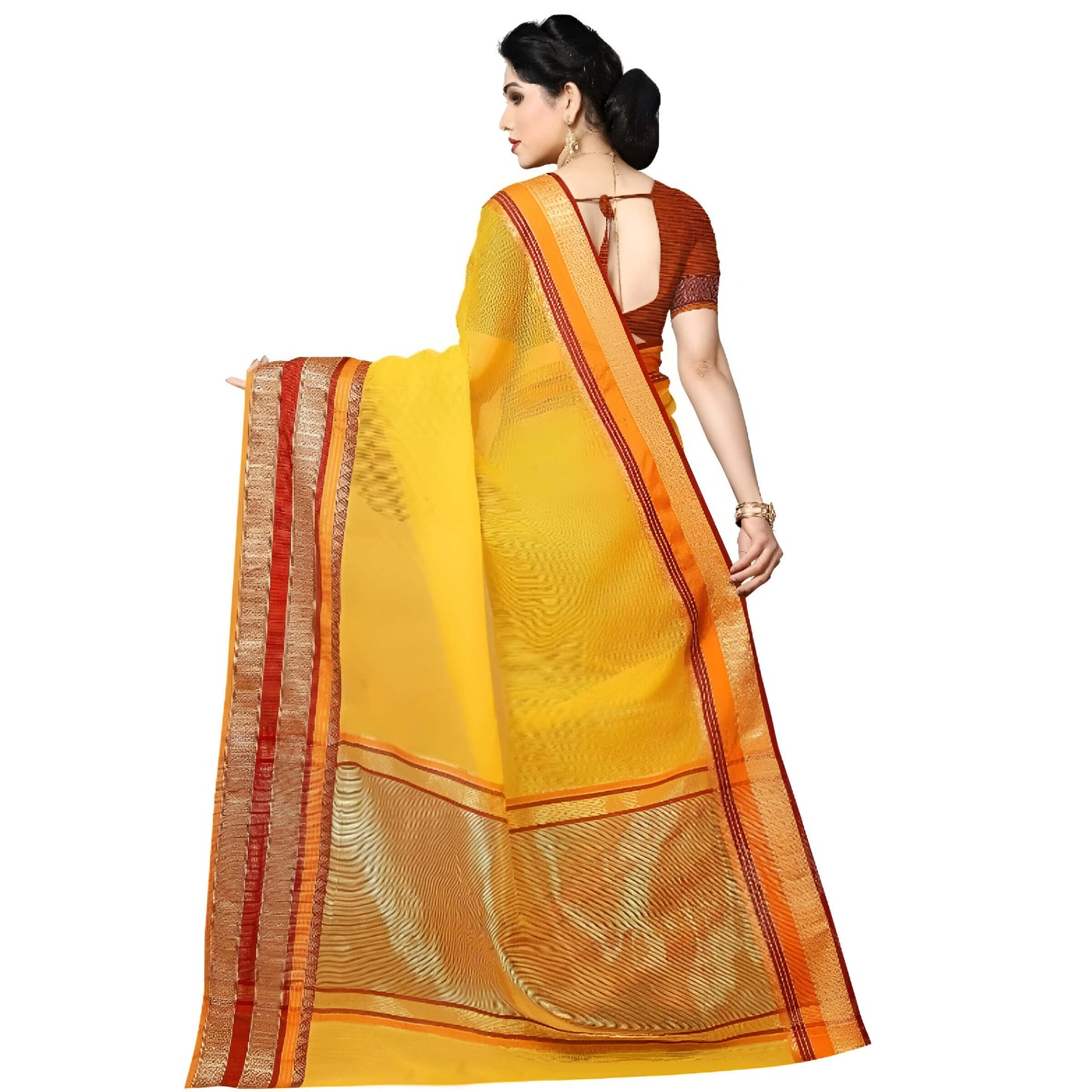Pallu in rich yellow with golden glow and traditional red contrast edging