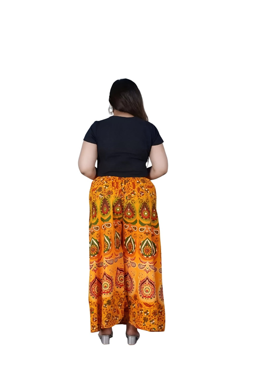 Studio back view of yellow Jaipur palazzo