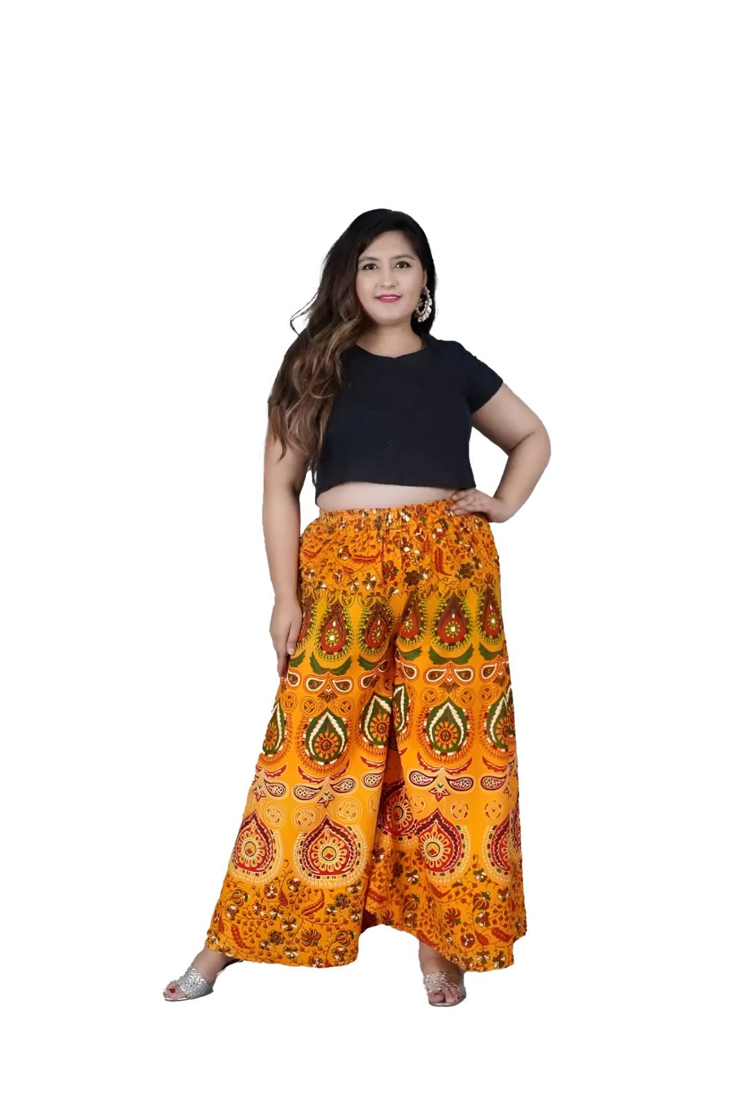 Studio front view of yellow printed cotton palazzo