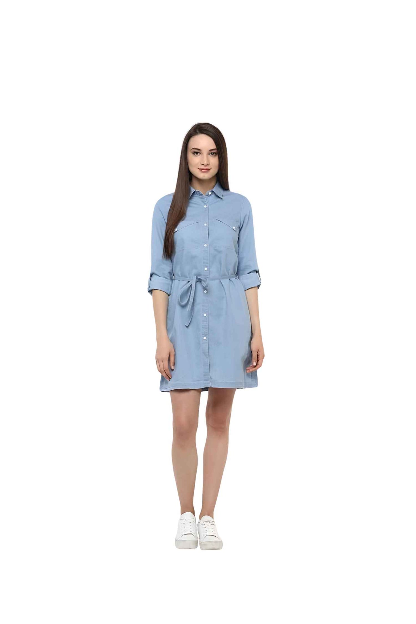 Classic denim dress isolated on white, front view