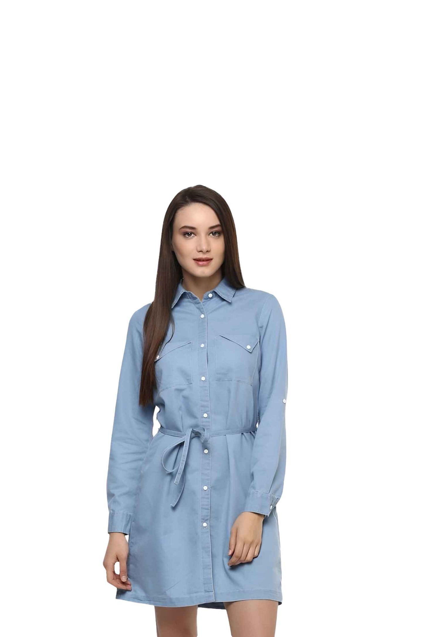 Classic denim dress isolated on white, front view