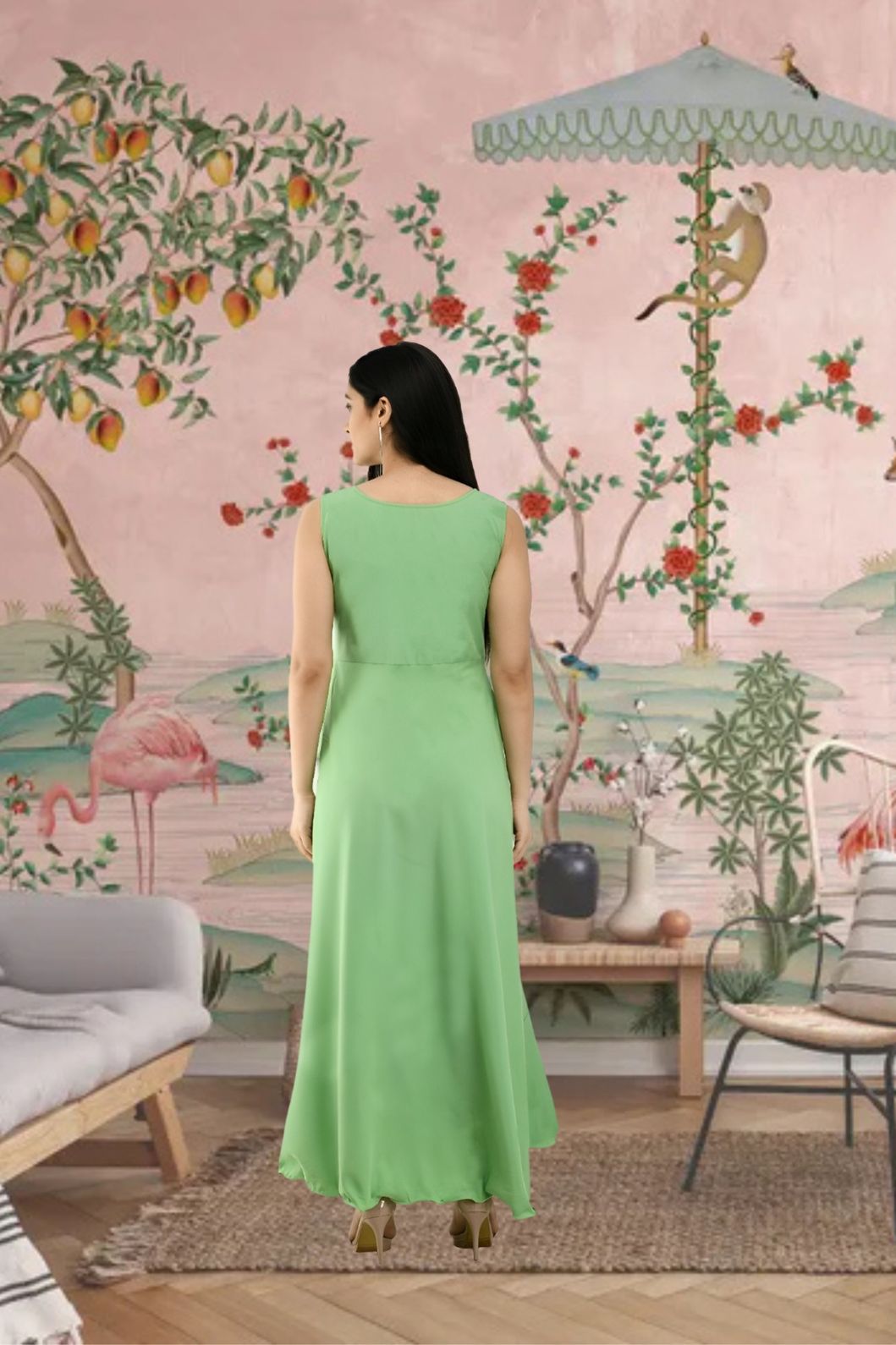 Back view of CELESTINA green sleeveless gown