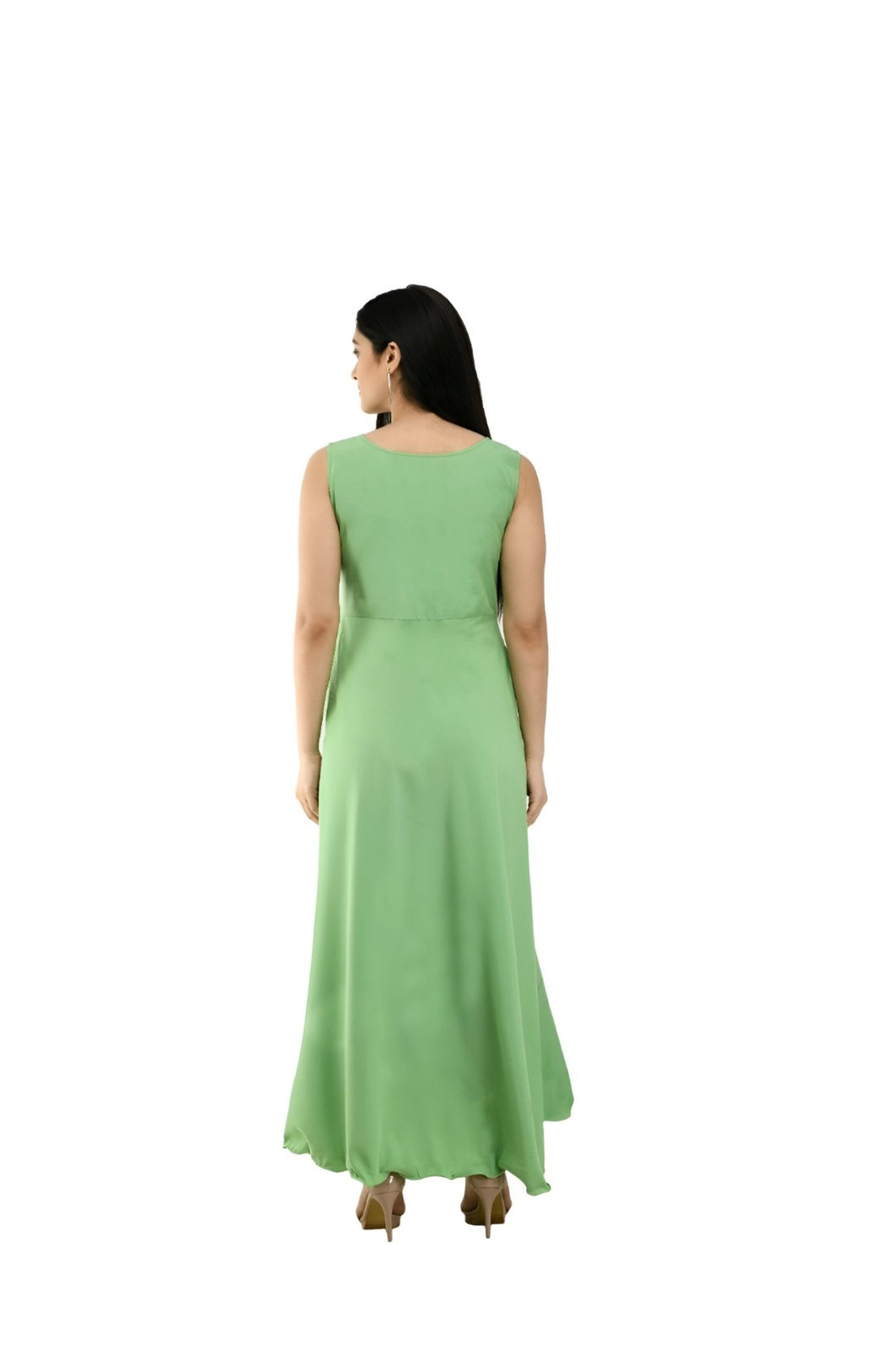 Back studio view of women’s green crepe full-length gown