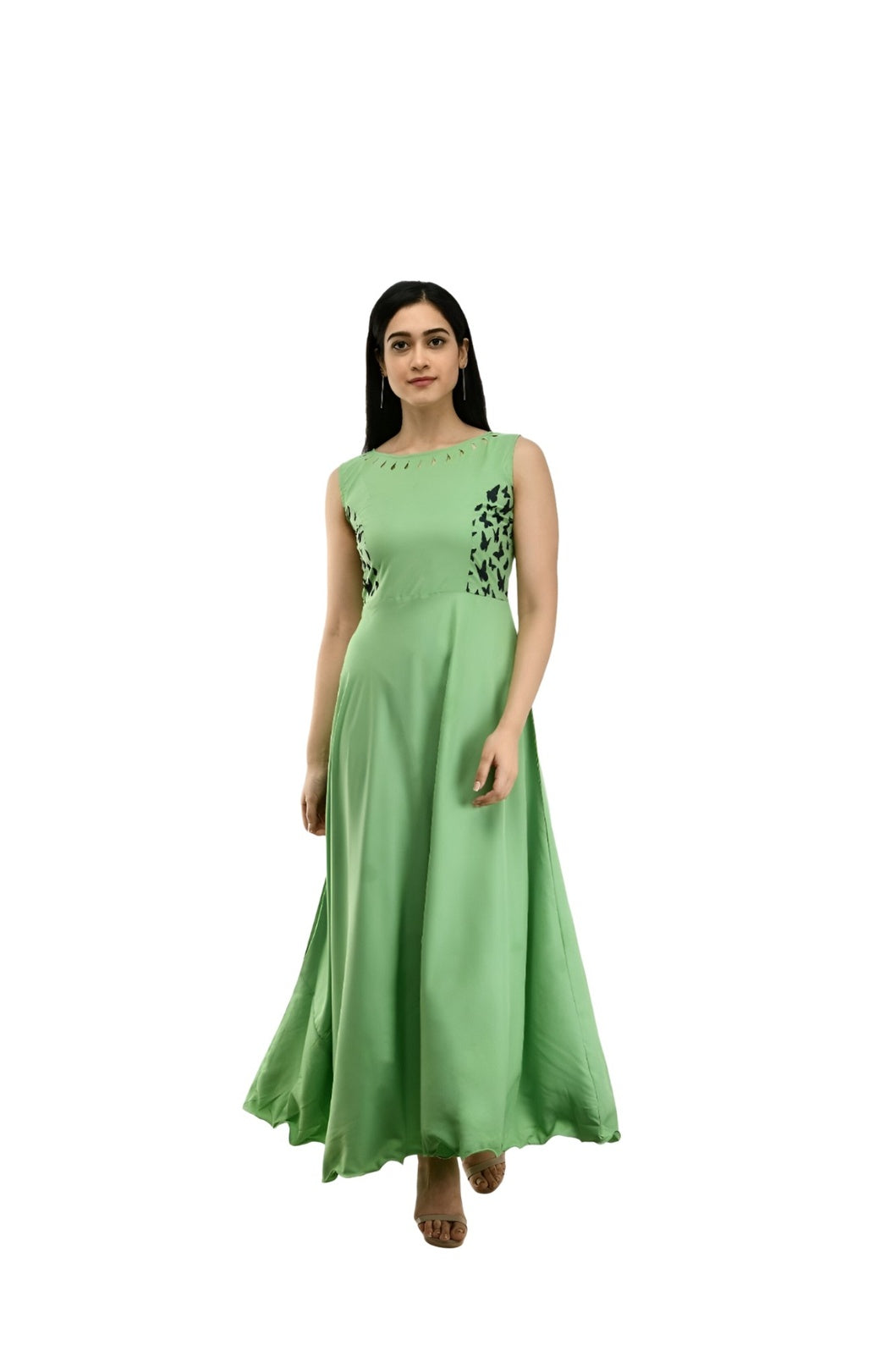 Front studio shot of green sleeveless gown by CELESTINA