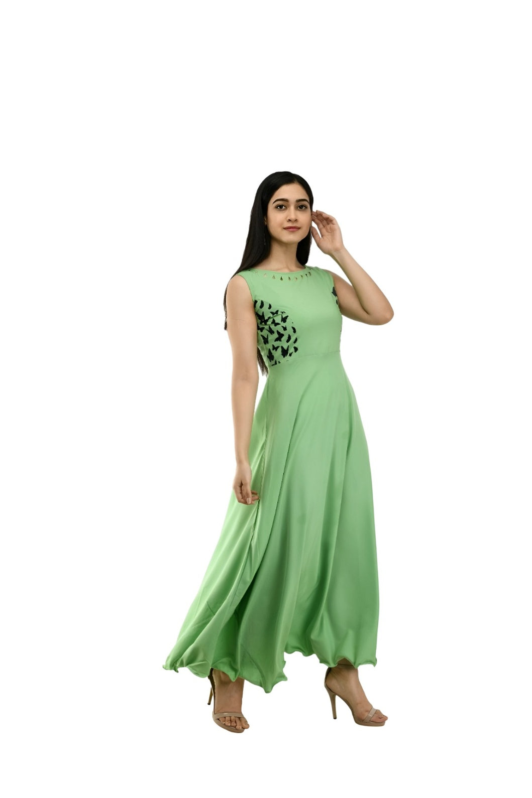 Left angle studio image of sleeveless solid gown in green