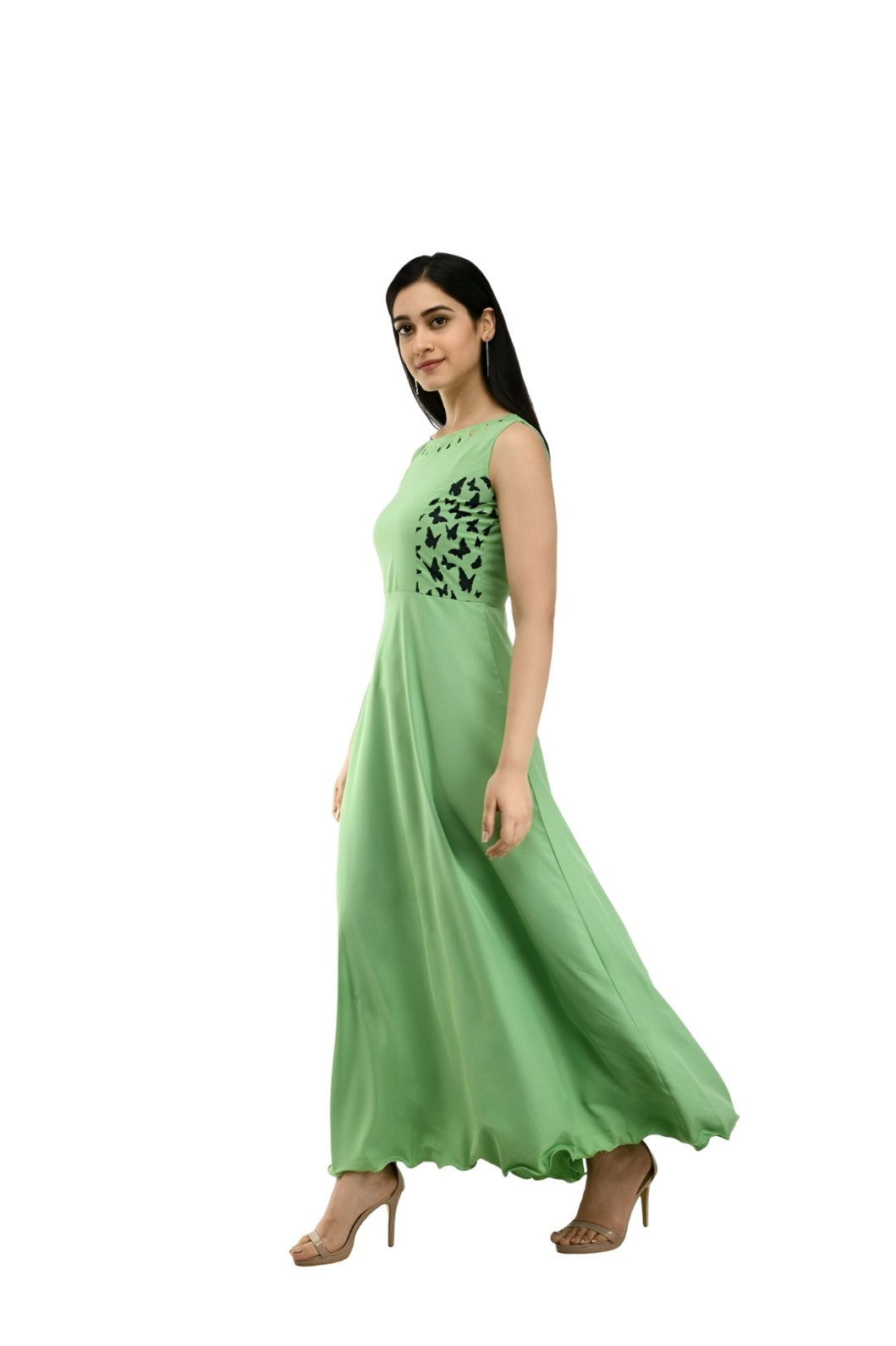 Right side shot of green full-length CELESTINA gown