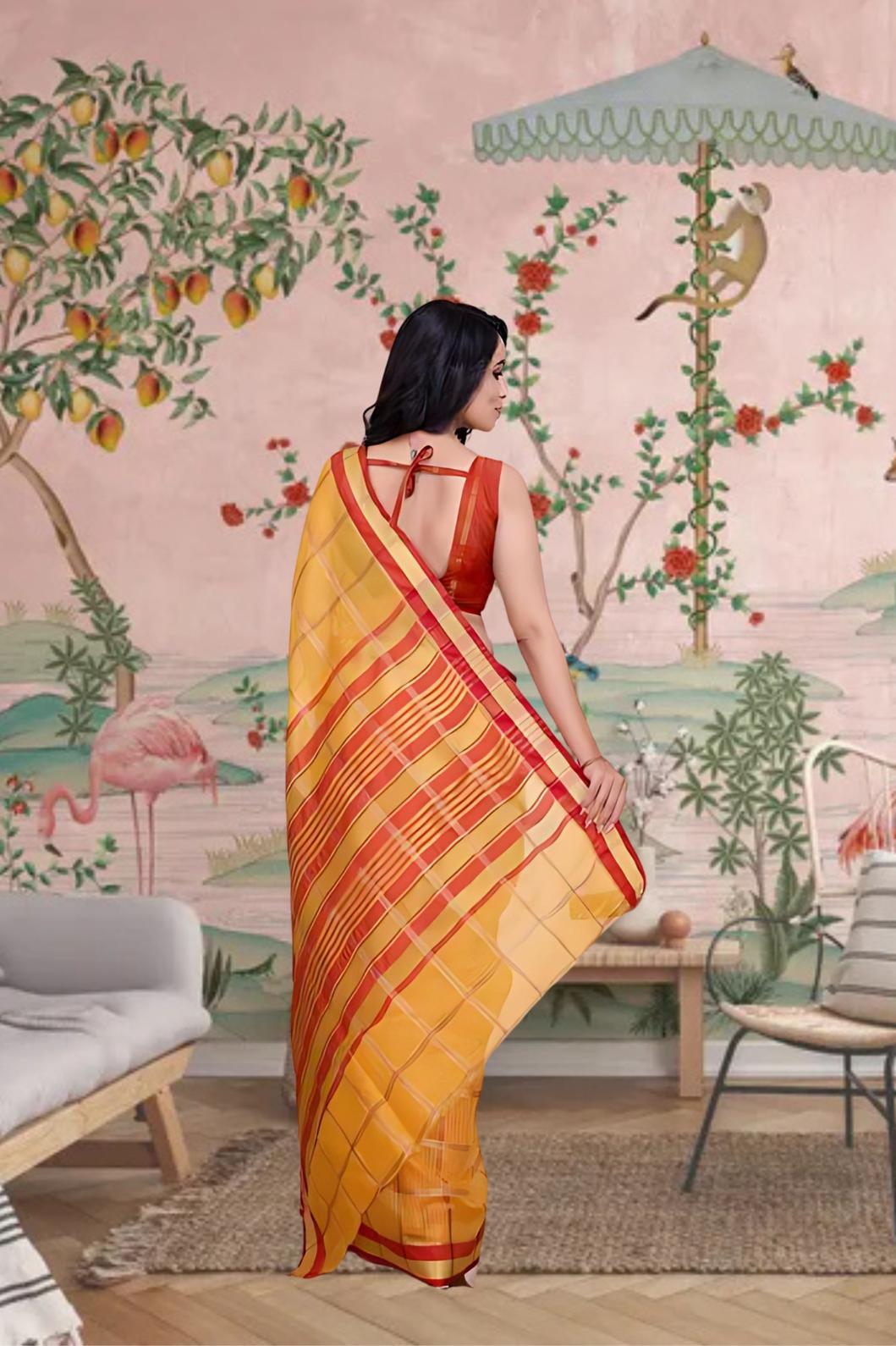 Rear profile showing flowing yellow pallu in regal ambiance