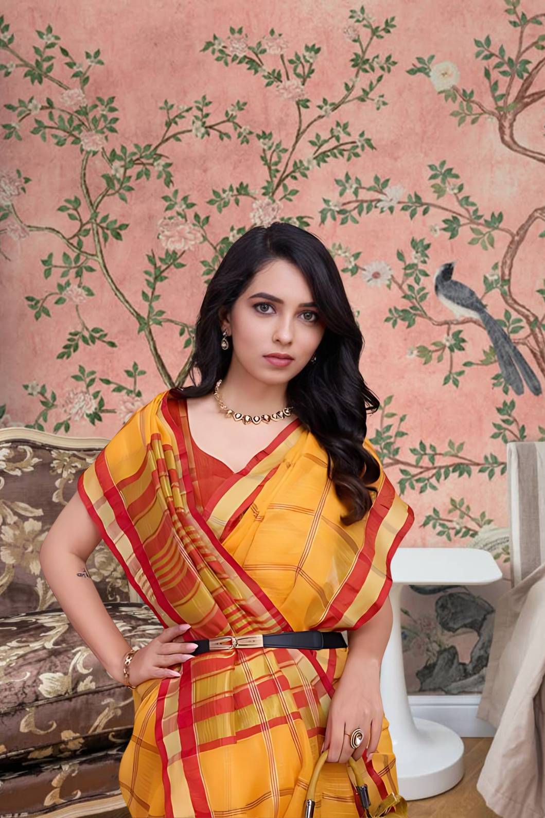 Front angle of yellow checkered saree glowing under palace light