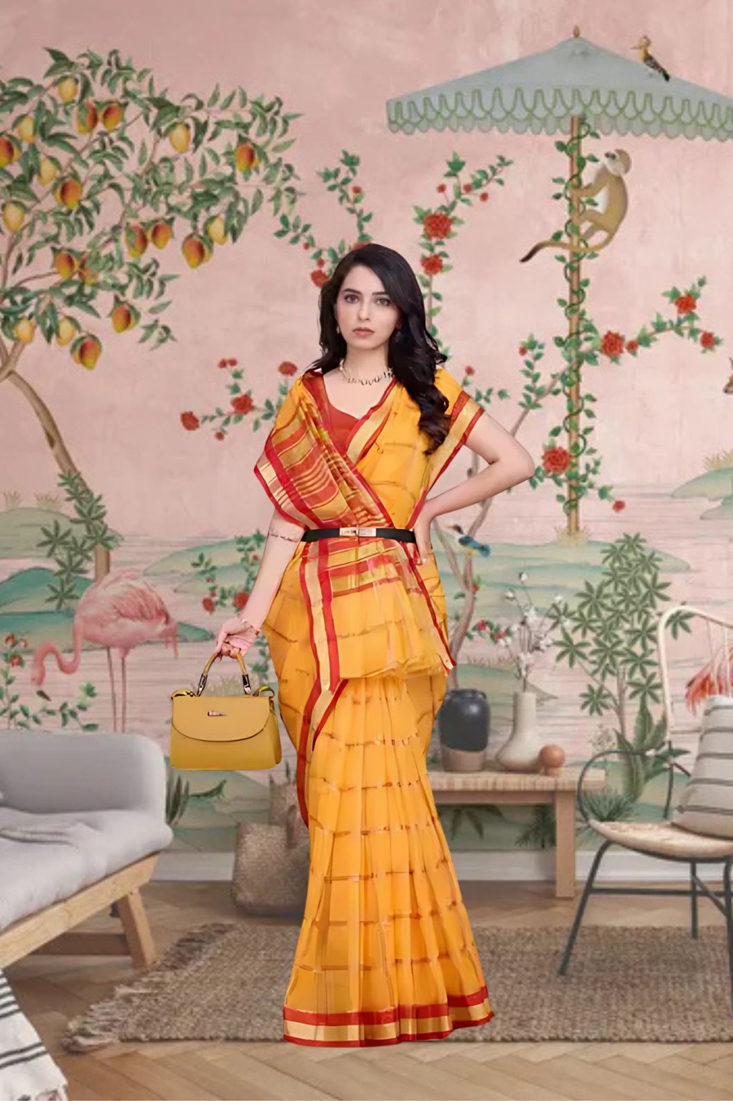 Front angle of yellow checkered saree glowing under palace light