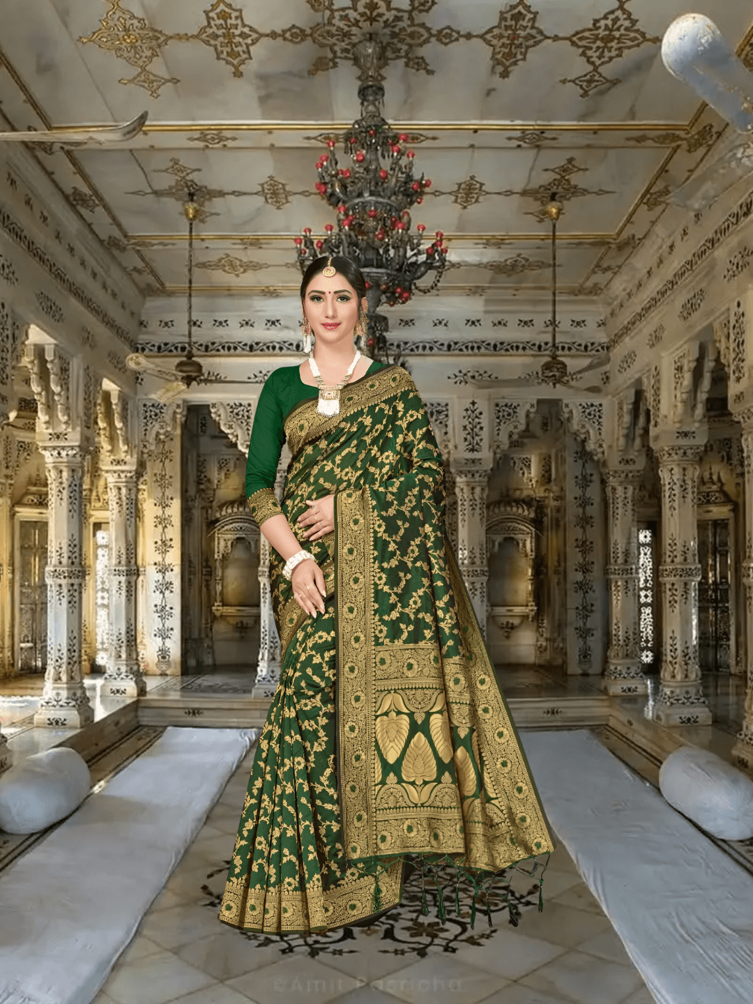 Detailed shot of abstract gold motifs on green silk with antique ambiance