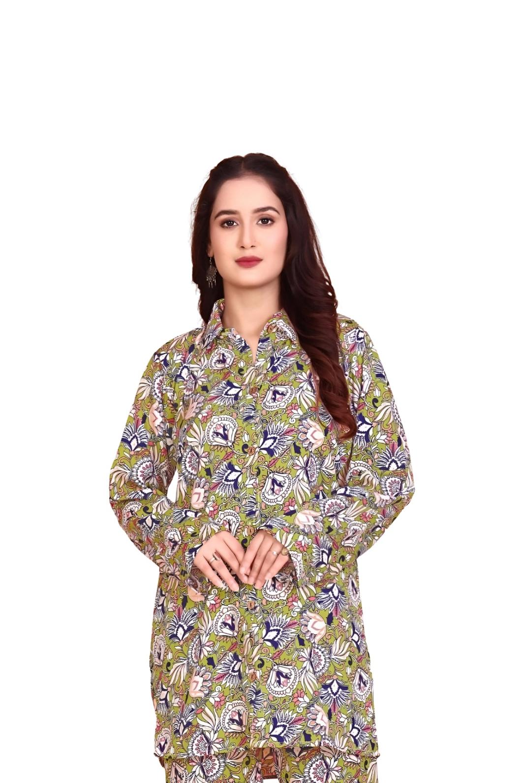 Studio front view of green rayon co-ord with mandarin collar – white background