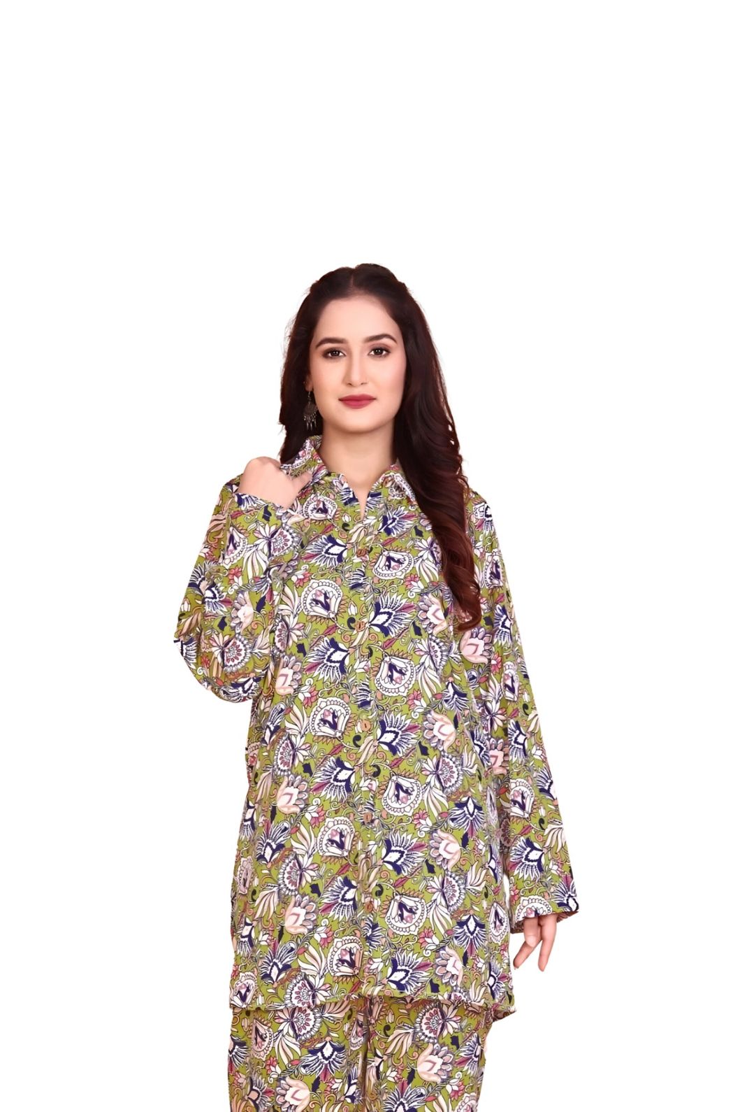 Studio front view of green rayon co-ord with mandarin collar – white background