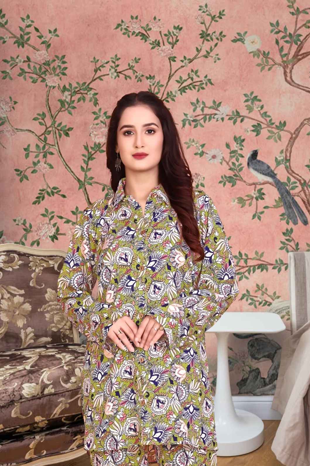 Front view of green printed rayon co-ord set with detailed collar – lifestyle background