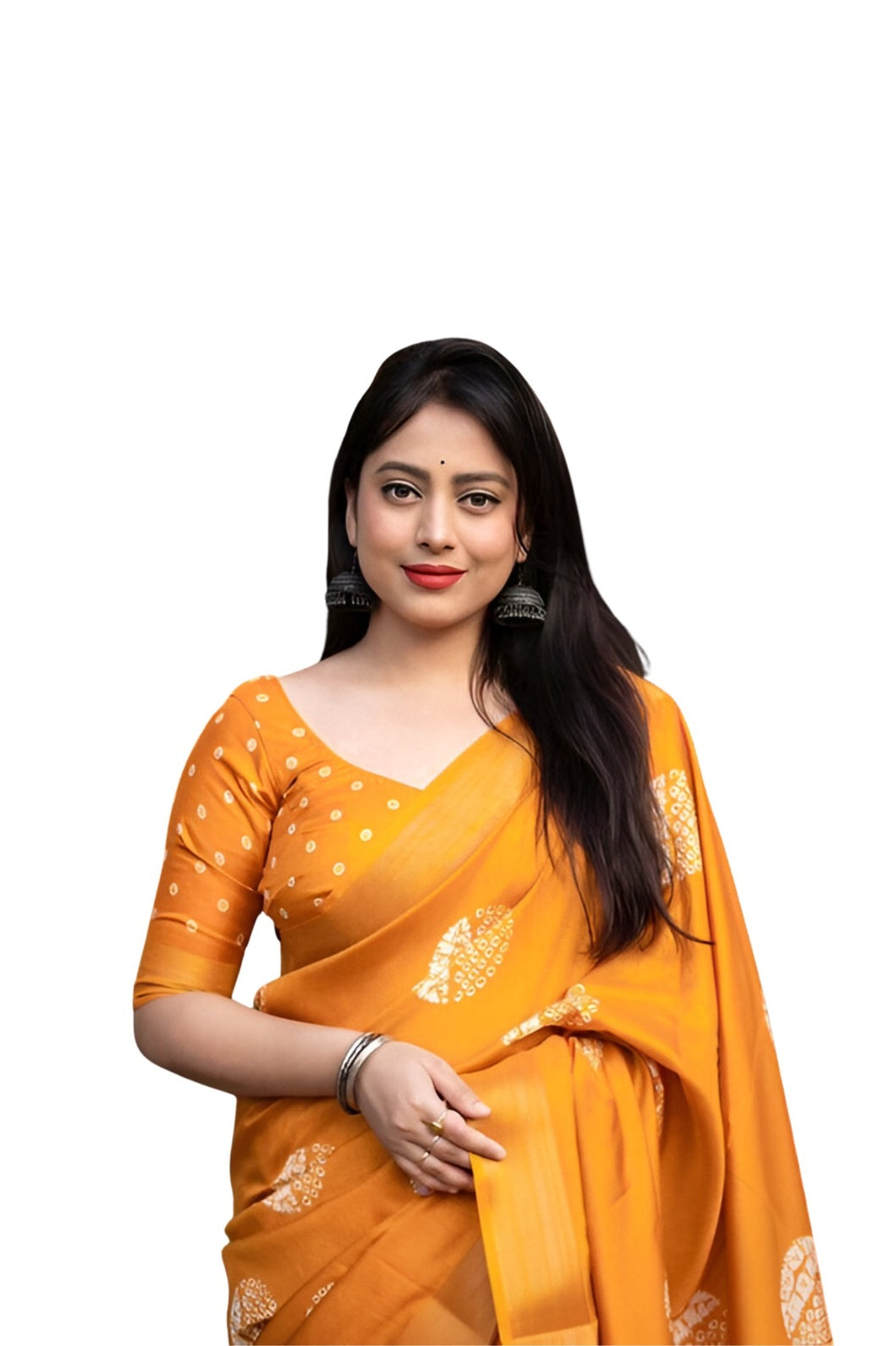 Studio front view of yellow saree with clear pleat and pallu structure