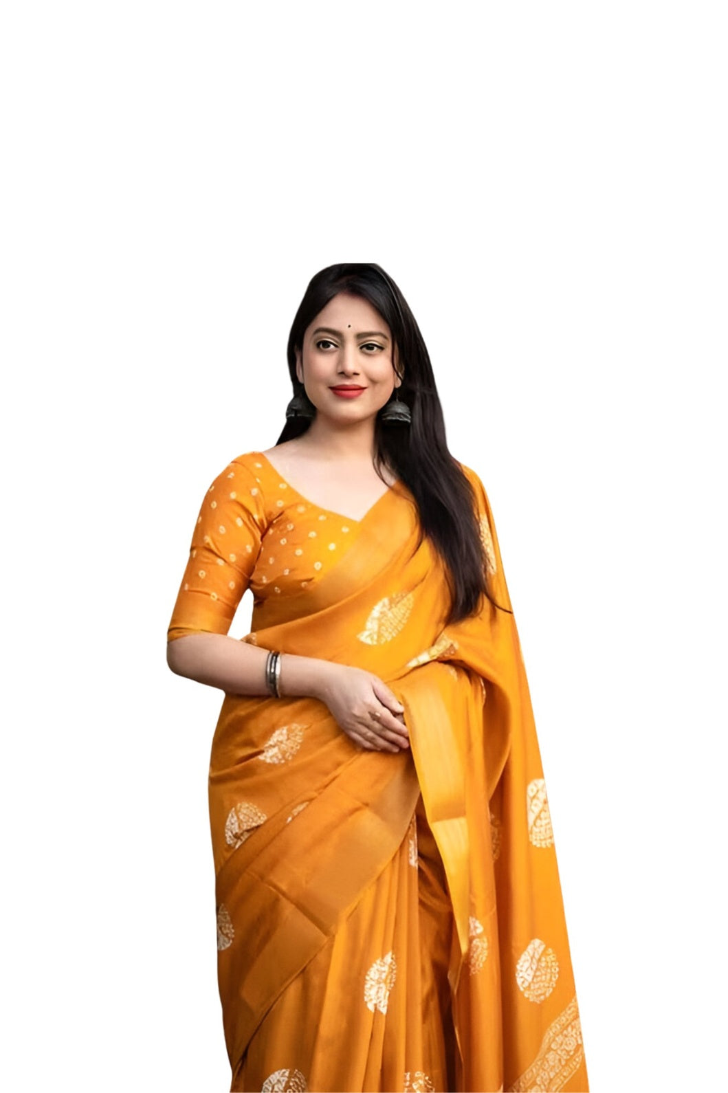 Studio front view of yellow saree with clear pleat and pallu structure
