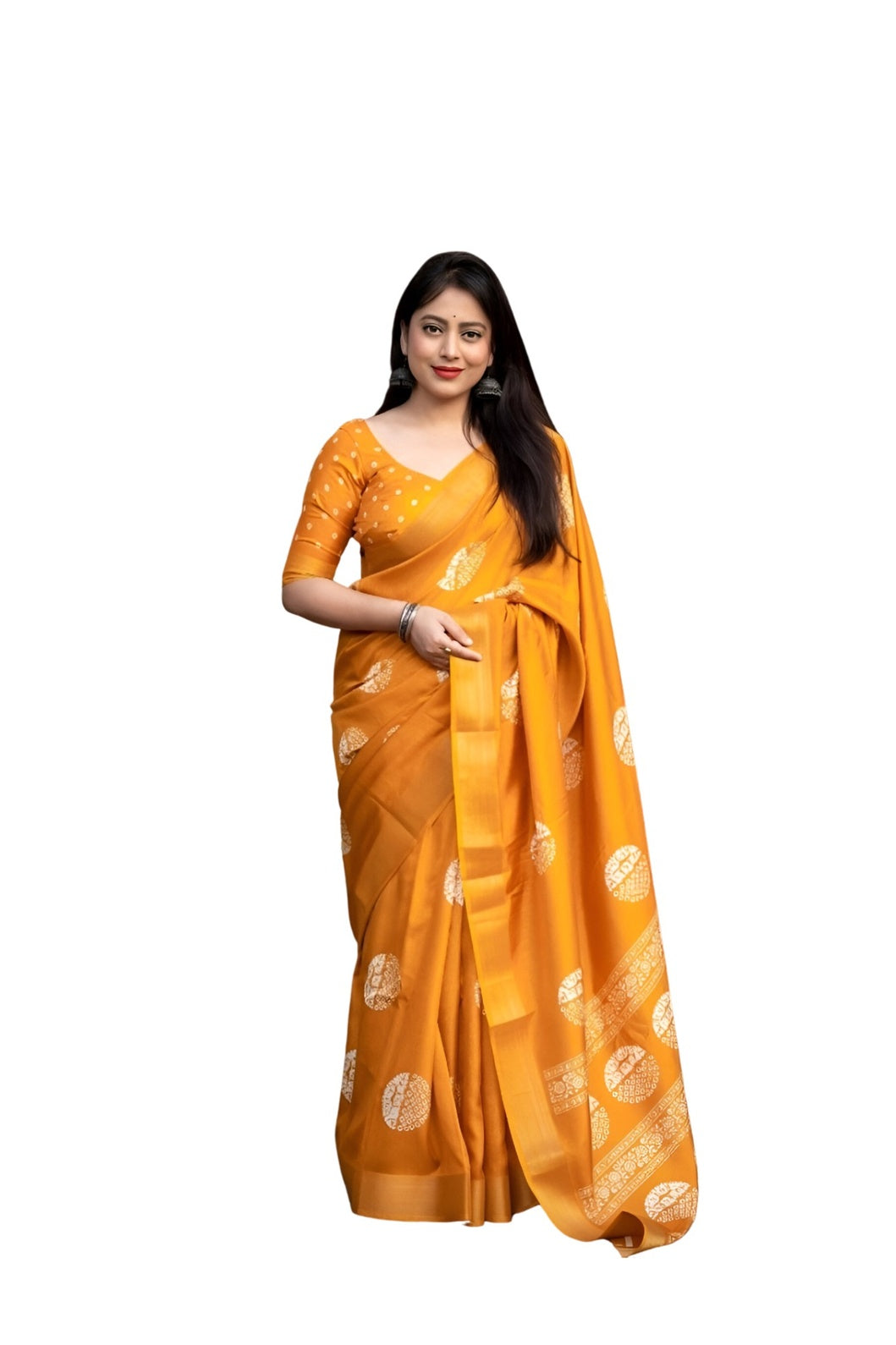 Studio front view of yellow saree with clear pleat and pallu structure