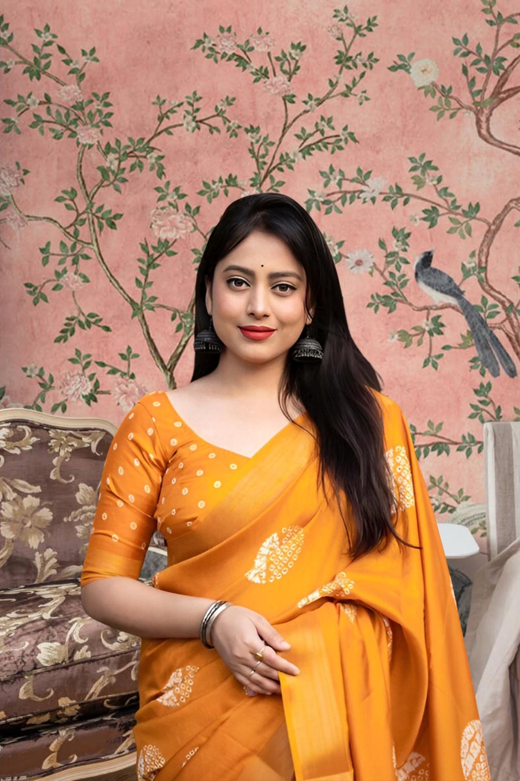 Front view of 💛 Hemavritta yellow cotton crape printed saree in a styled festive setup