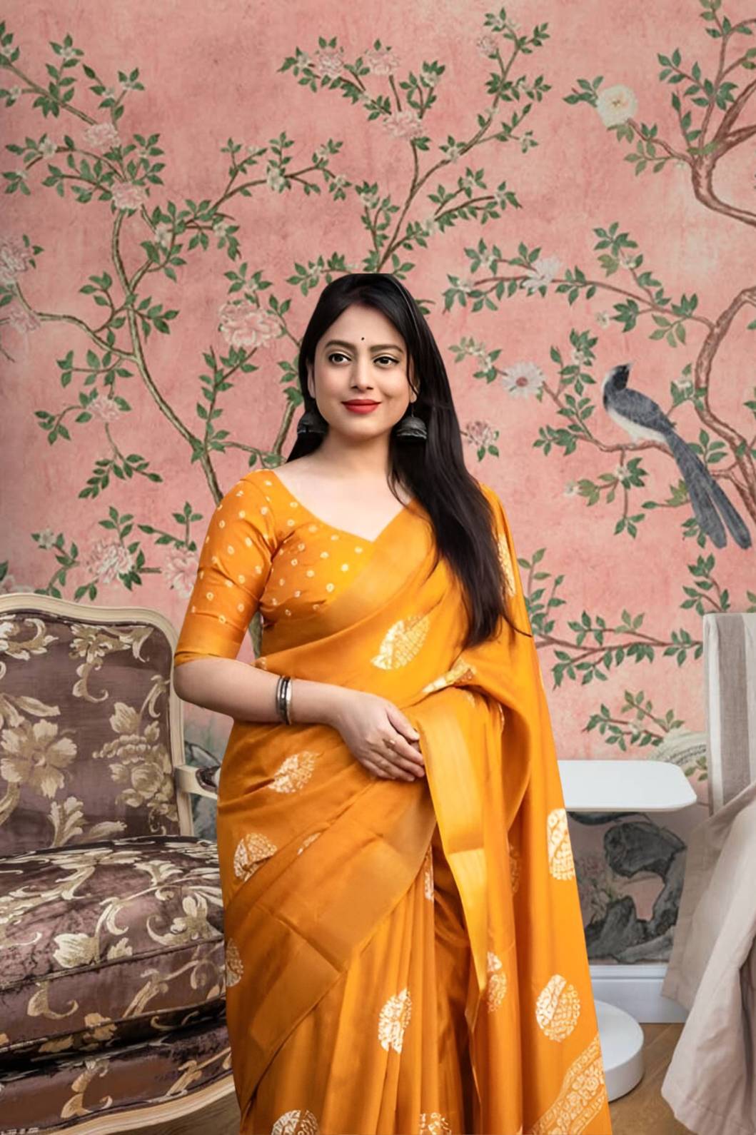 Front view of 💛 Hemavritta yellow cotton crape printed saree in a styled festive setup