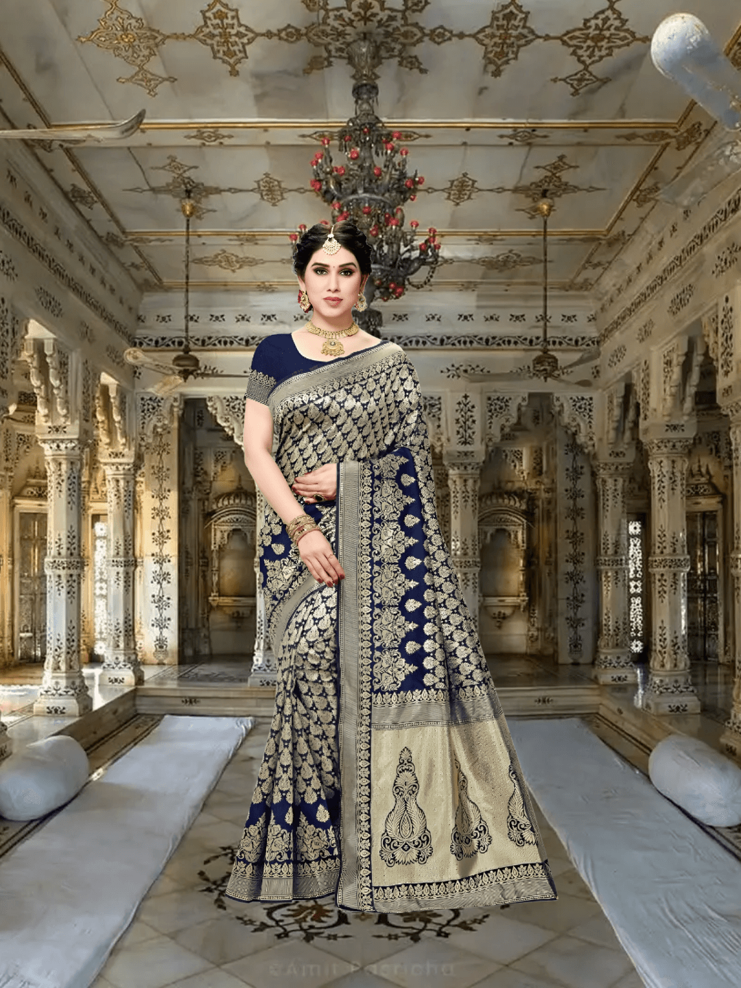 Model walking down palace corridor, pallu flowing like silk poetry with intricate gold threads