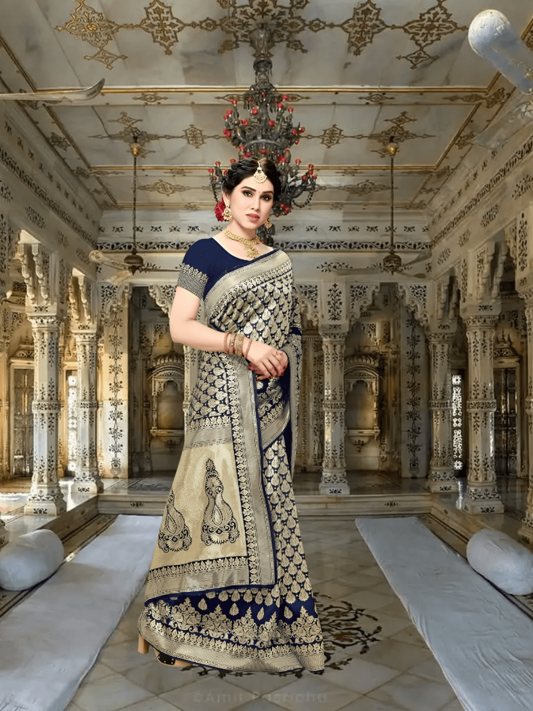 Close-up of gold-stitched border against navy base, highlighting jacquard artistry