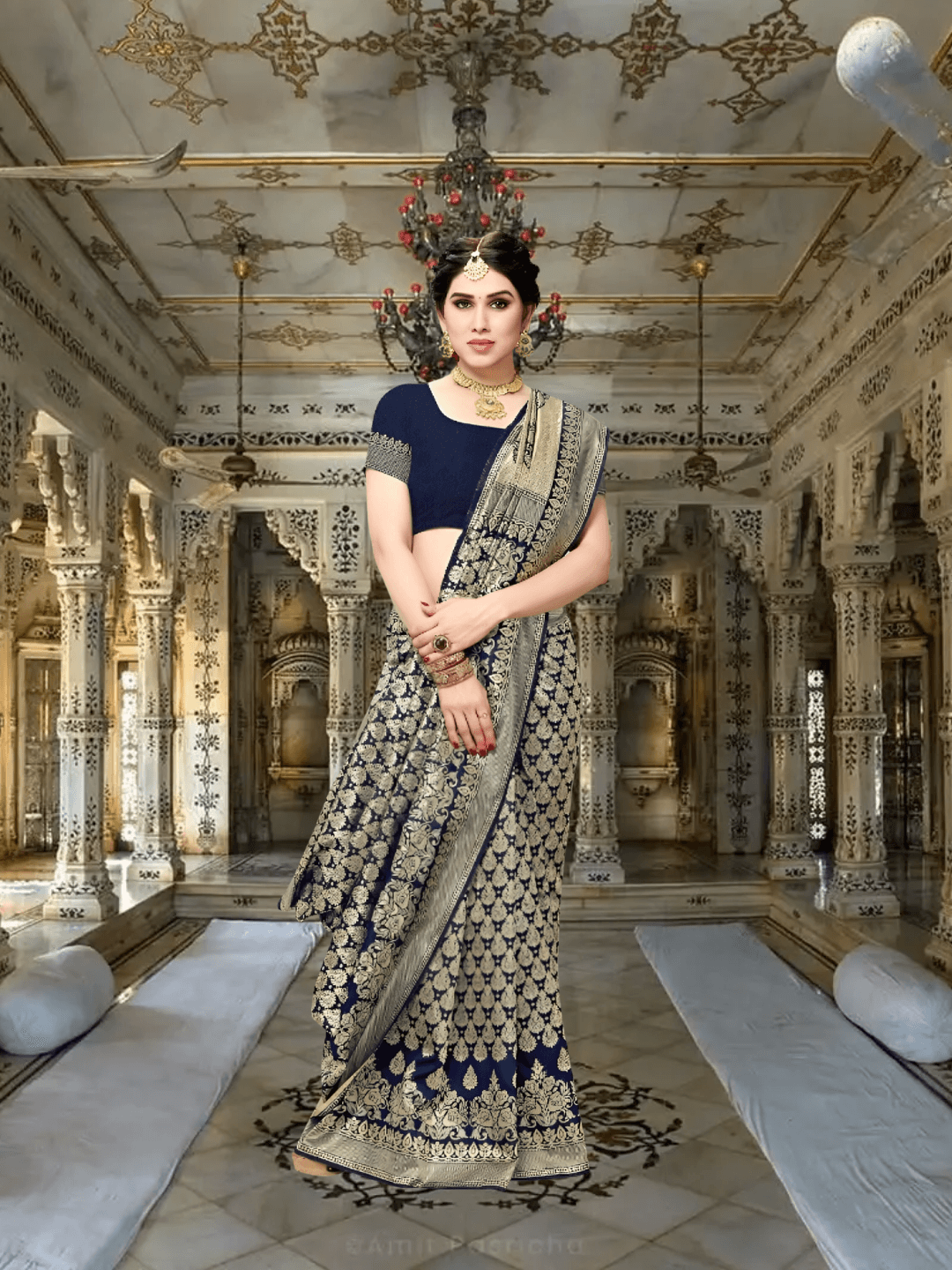 Back view with detailed gold borders and textured pleats cascading like waterfall