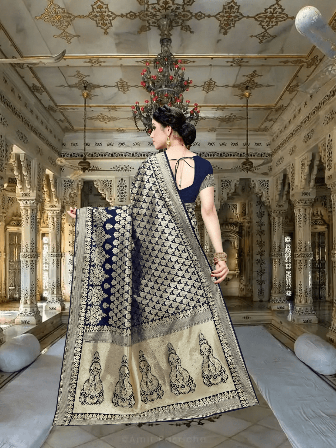 Back view with detailed gold borders and textured pleats cascading like waterfall