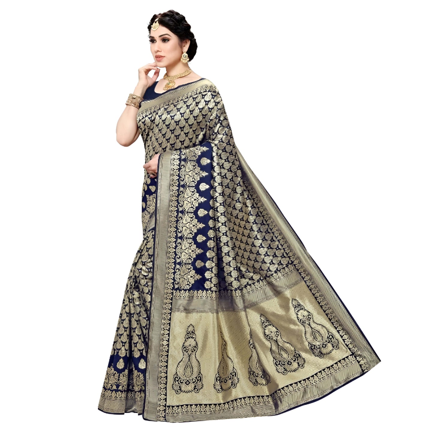 Studio shot of the full saree layout revealing intricate golden motifs and smooth navy finish