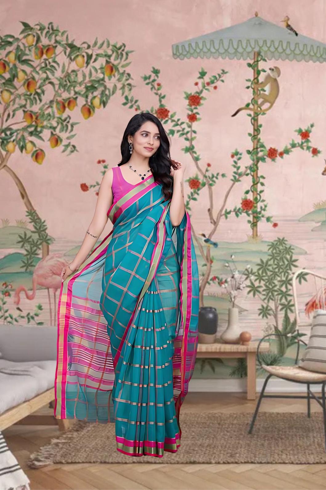 Front angle of Rama green saree glowing in traditional palace interior