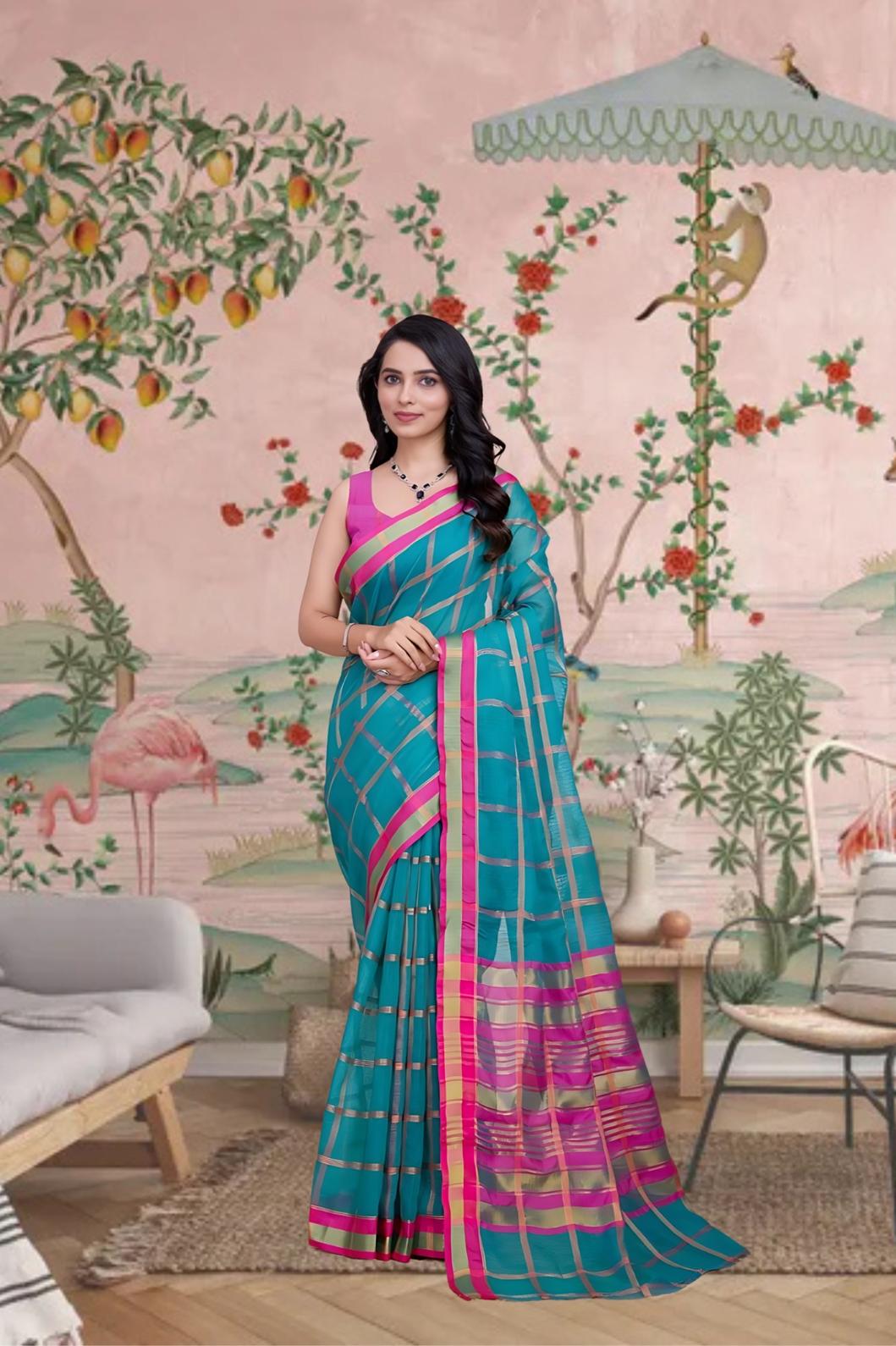 Front angle of Rama green saree glowing in traditional palace interior