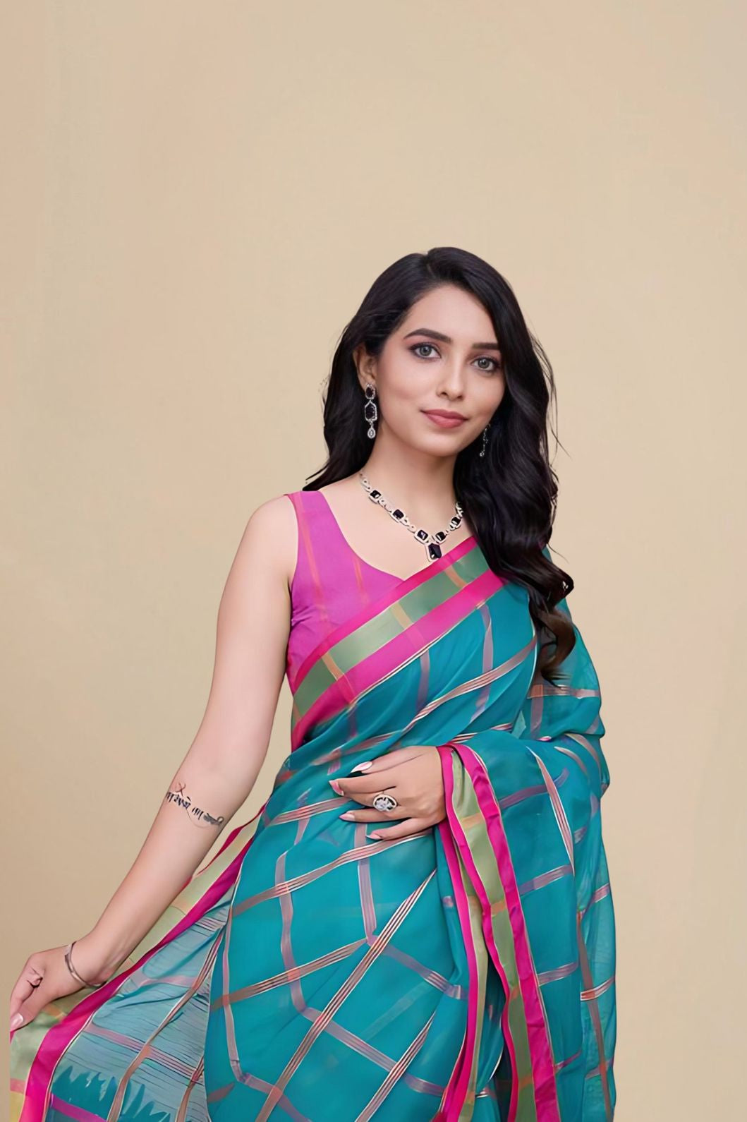 Studio front view of Rama cotton silk saree with full clarity