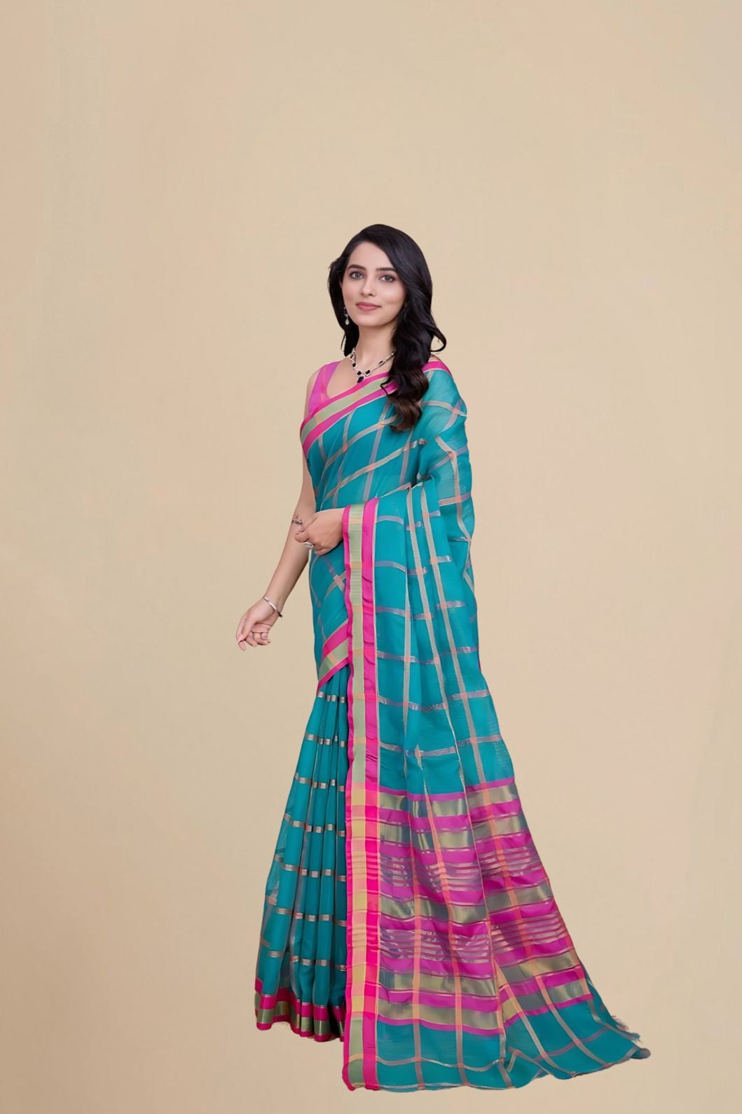 Studio front view of Rama cotton silk saree with full clarity