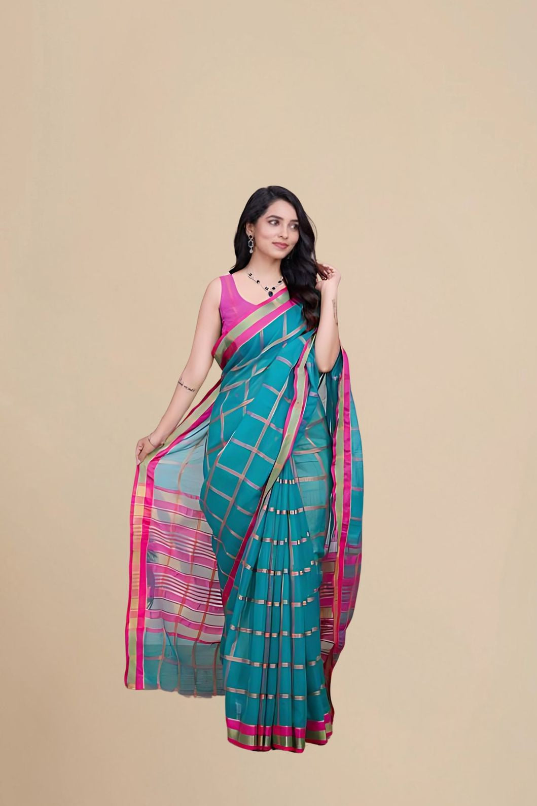 Studio front view of Rama cotton silk saree with full clarity