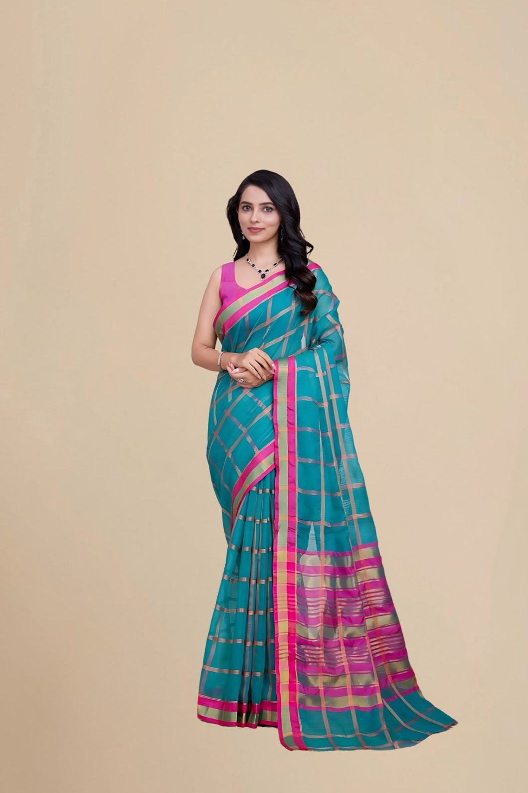 Studio front view of Rama cotton silk saree with full clarity