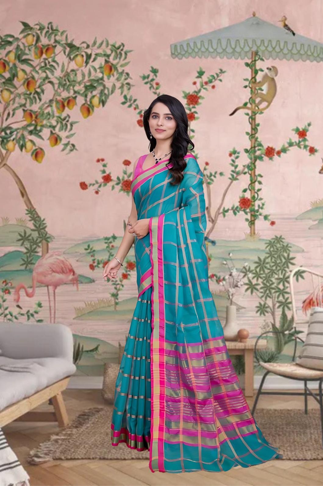 Left view showing pleats, cotton-silk shine and checkered charm