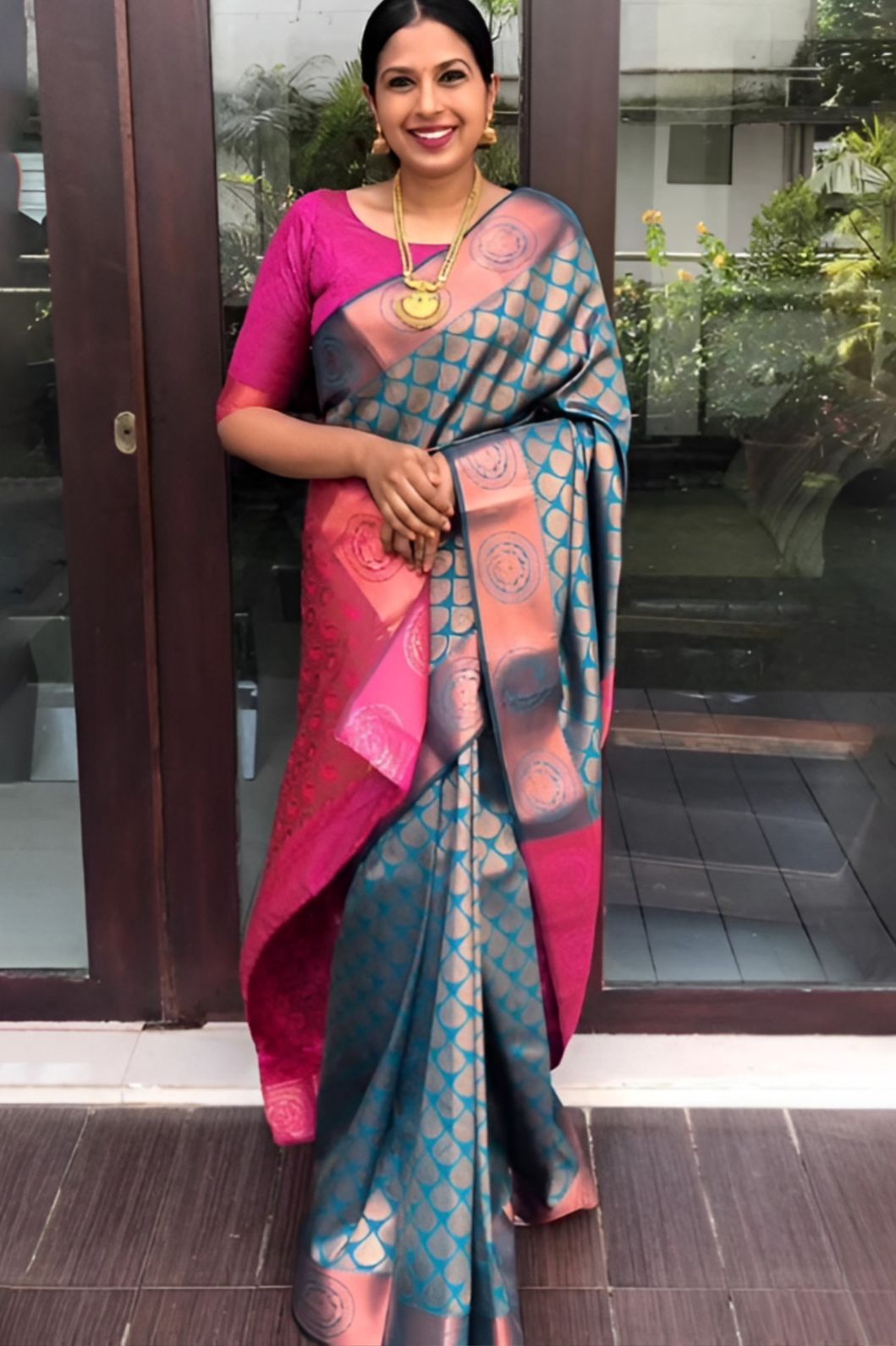 front view of multicolor printed Litchi silk saree