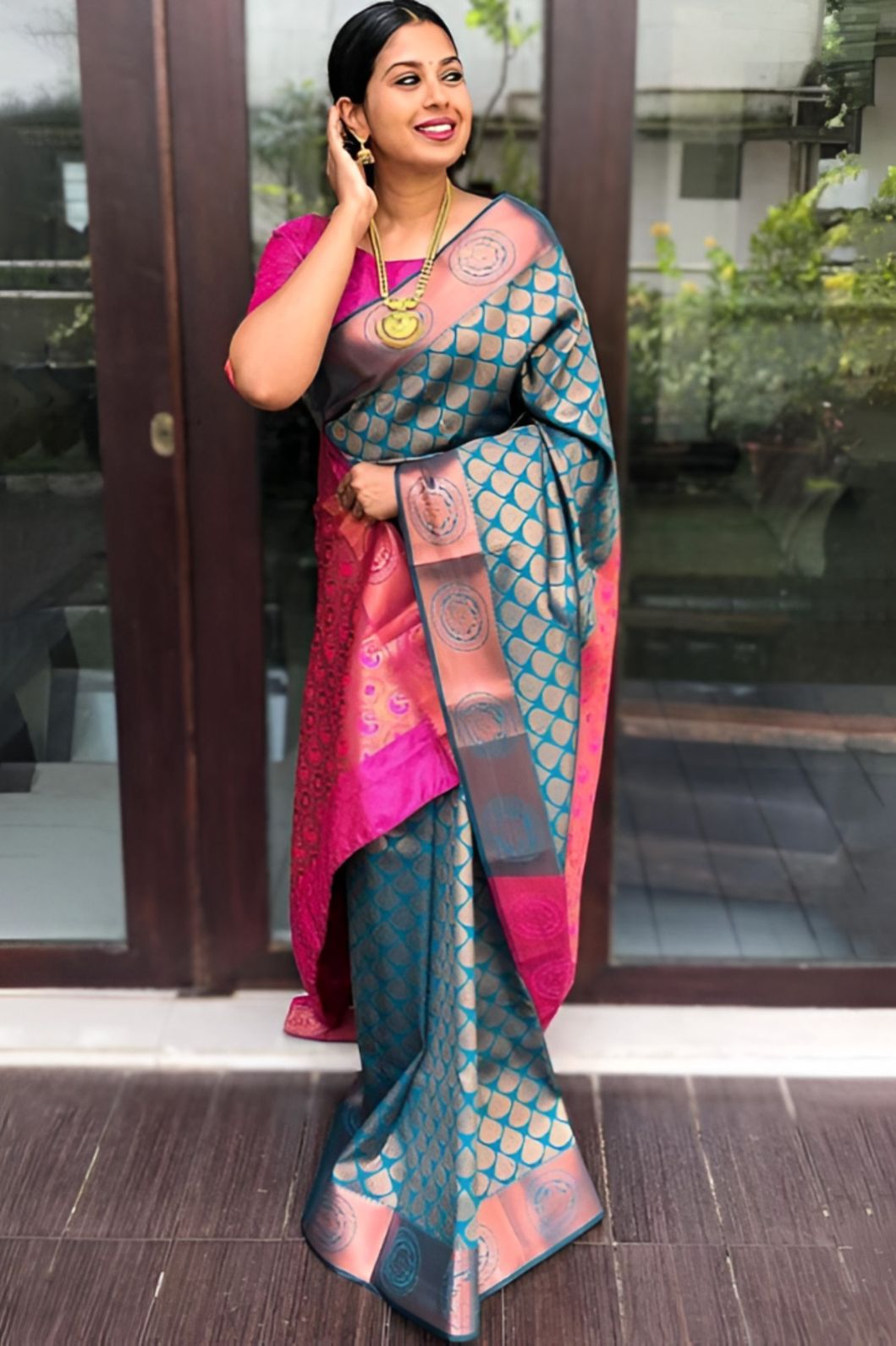 front view of multicolor printed Litchi silk saree