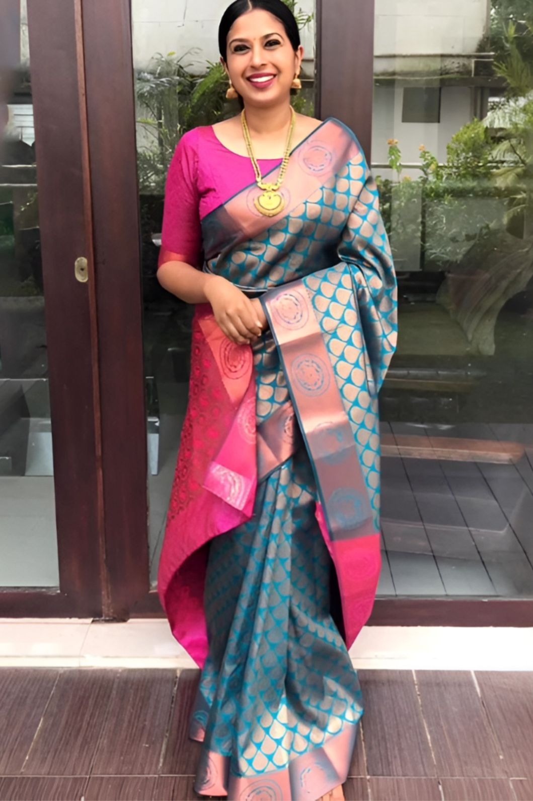 Studio front view of multicolor printed Litchi silk saree