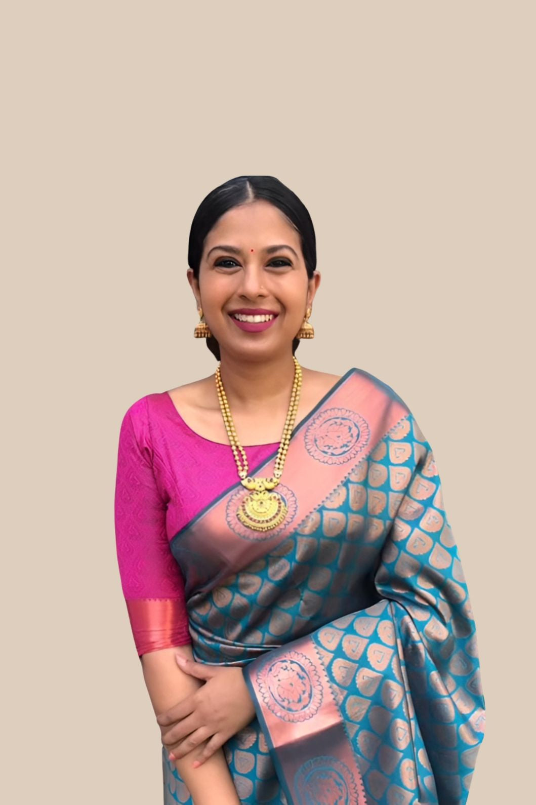 Studio front view of multicolor printed Litchi silk saree