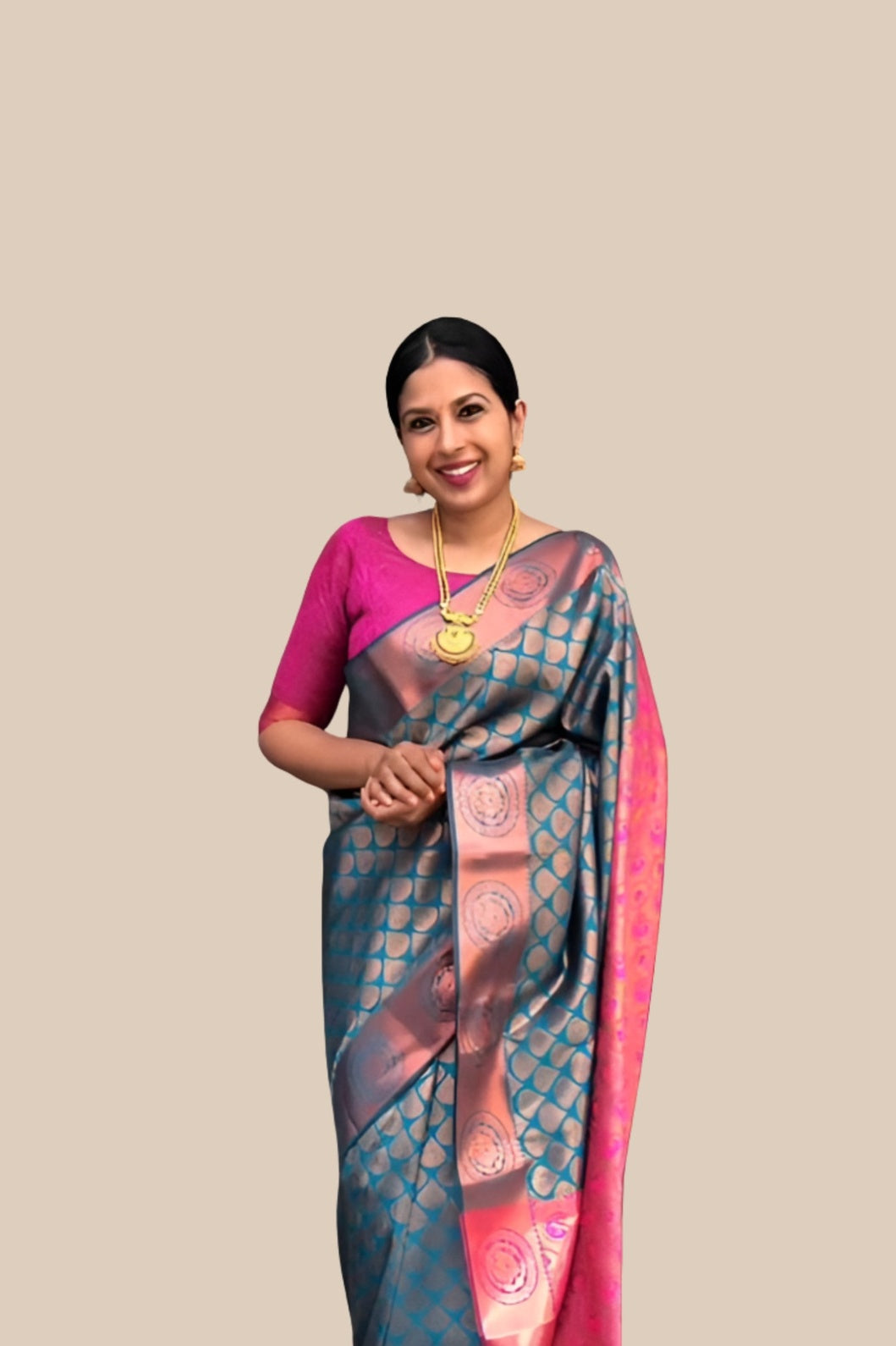 Studio front view of multicolor printed Litchi silk saree