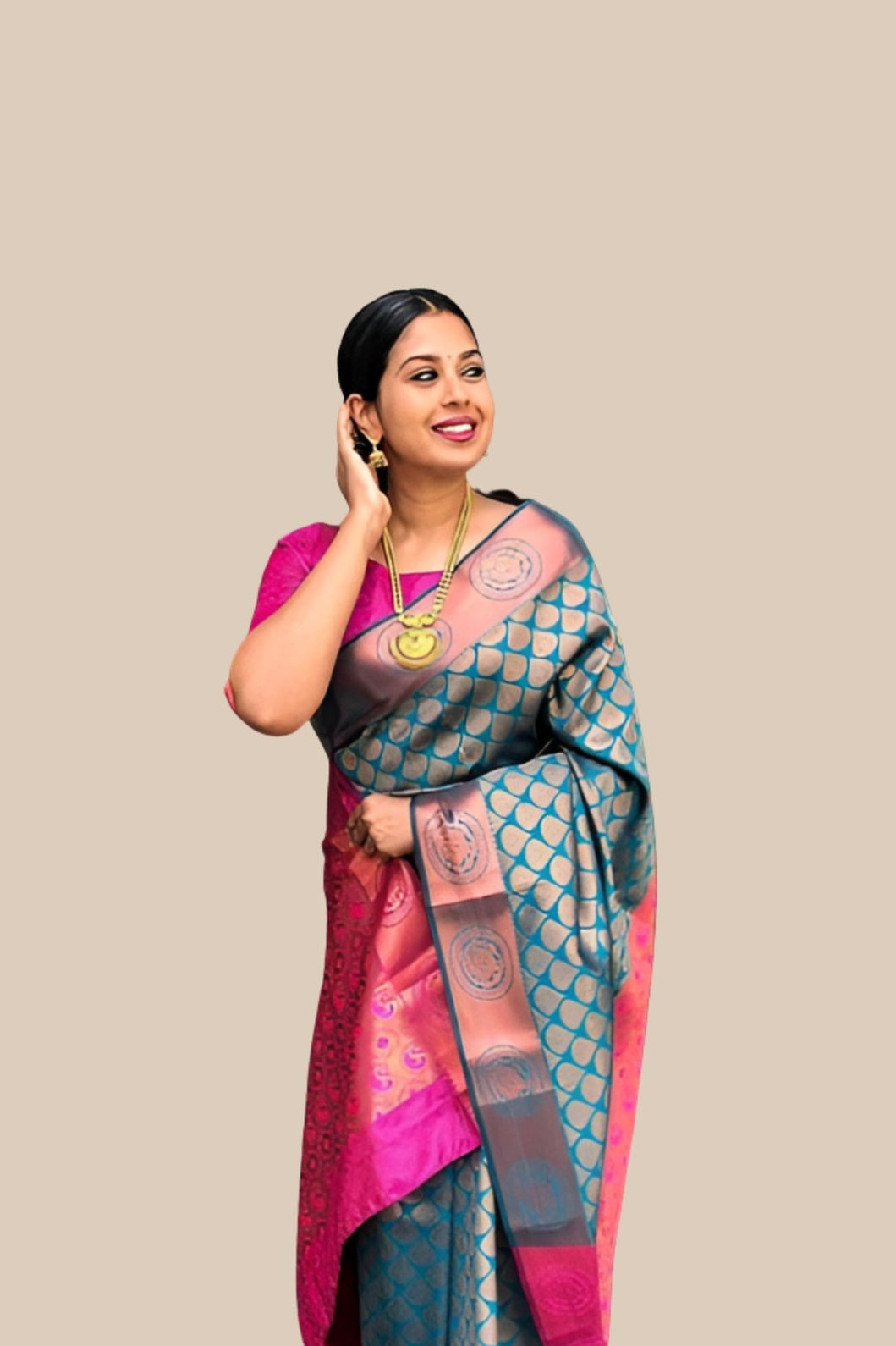 Studio front view of multicolor printed Litchi silk saree