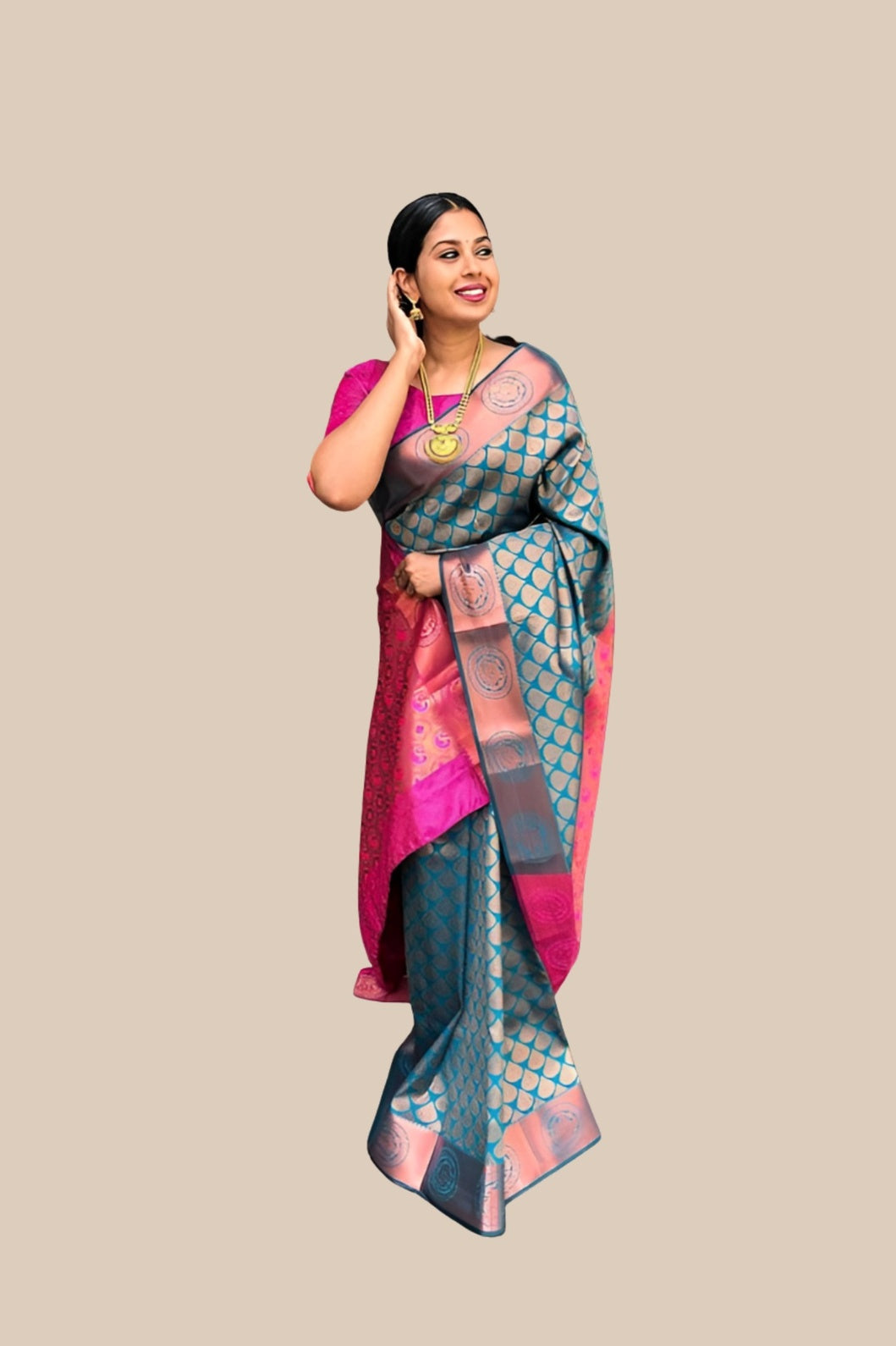 Studio front view of multicolor printed Litchi silk saree